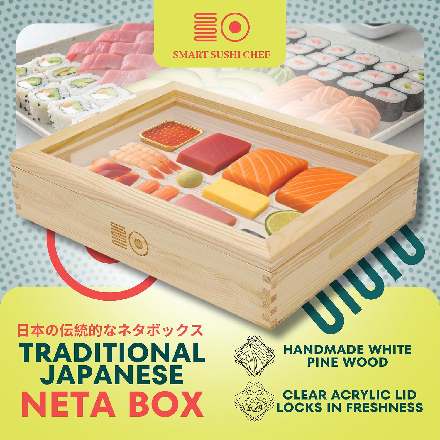 Japanese Neta Box – Wooden Sushi Box With Lid, Traditional Bento Tray for Nigiri, Sashimi, Sushi Presentation, Reusable Sushi Containers With Lid, Sushi Food Prep Container for Chefs & Home Kitchens