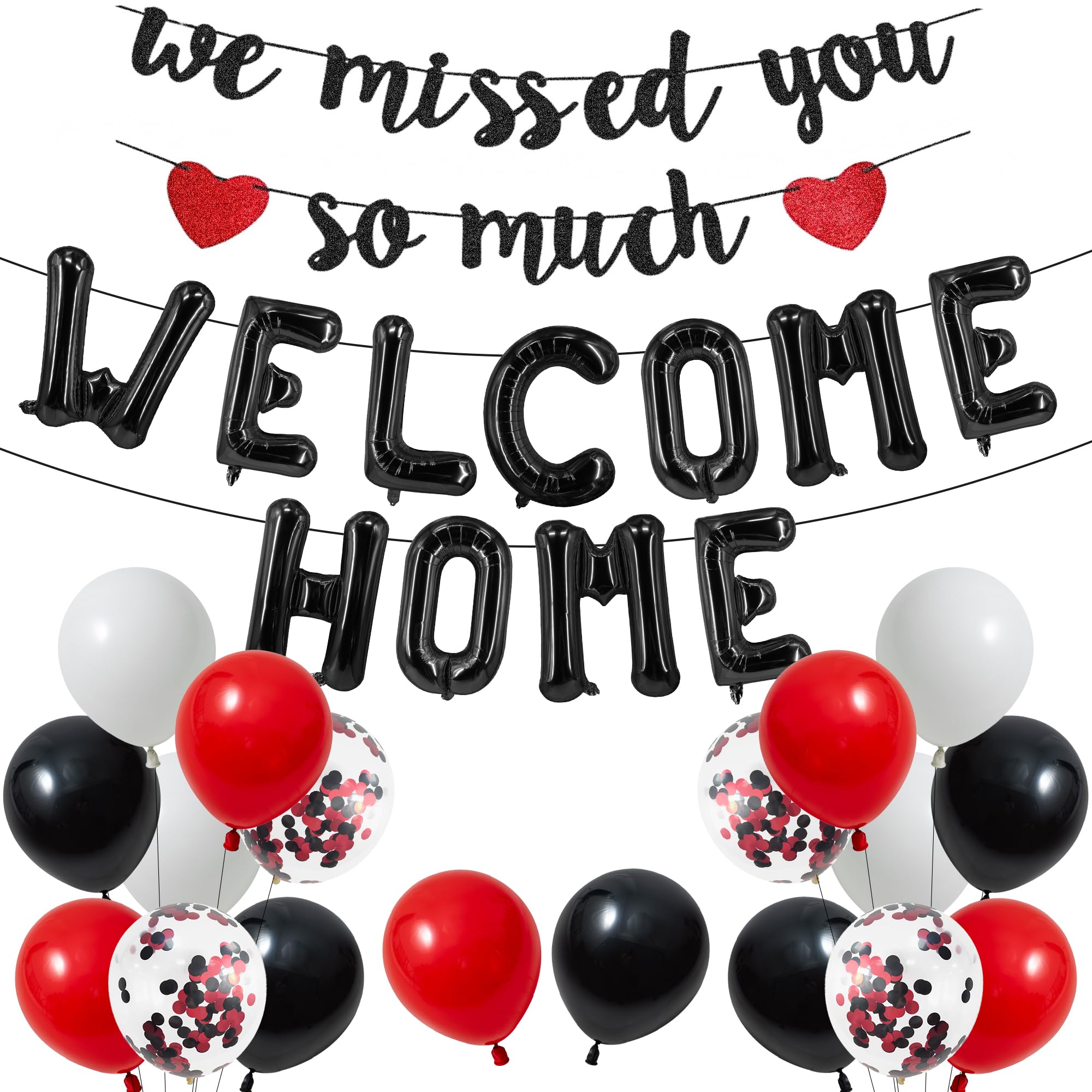 Welcome Home Decorations Banners Balloons - 32 Pcs Black Red Heart We Missed You So Much Letter Foil Balloons Latex Balloon for Homecoming Family Military Relatives Returning Party Decor Supplies