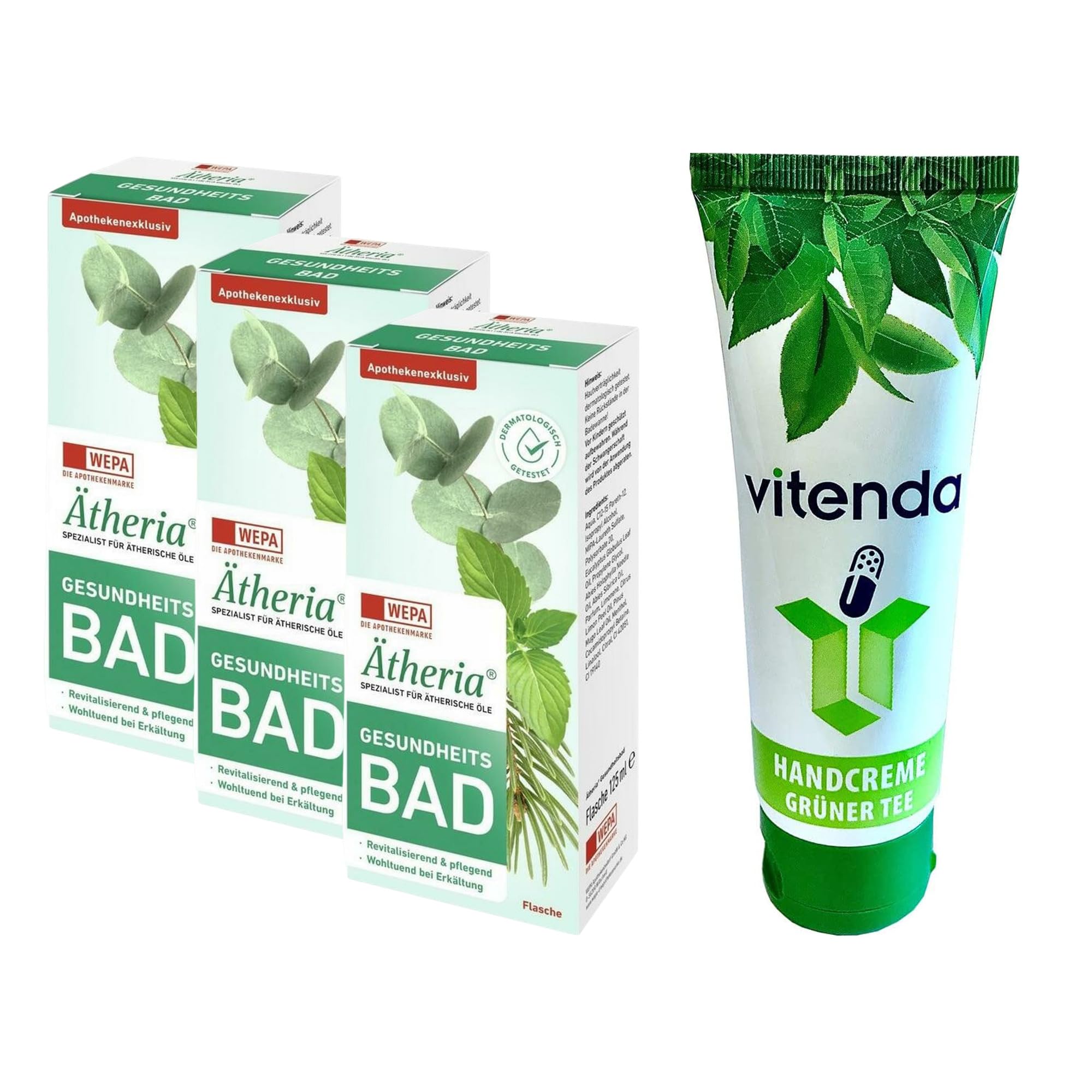 Set: Revitalisierendes Gesundheitsbad mit Ätheria, ätherische Öle, wohltuend bei Erkältung, 3x125ml – inkl. vitenda Handcreme