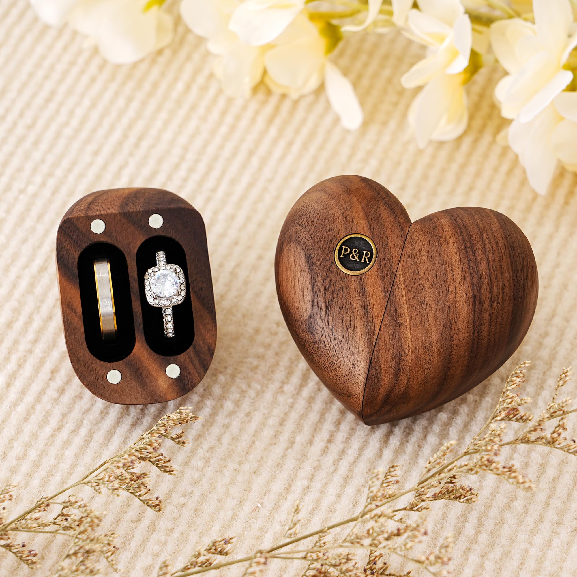 Kemeila Metal Bronze Plaque + Wood Heart Shaped Wooden Ring Box, Custom Ring Box With Round Brass Inlay, Proposal Engagement Ring Bearer Holder, Ring Case For Wedding Ceremony
