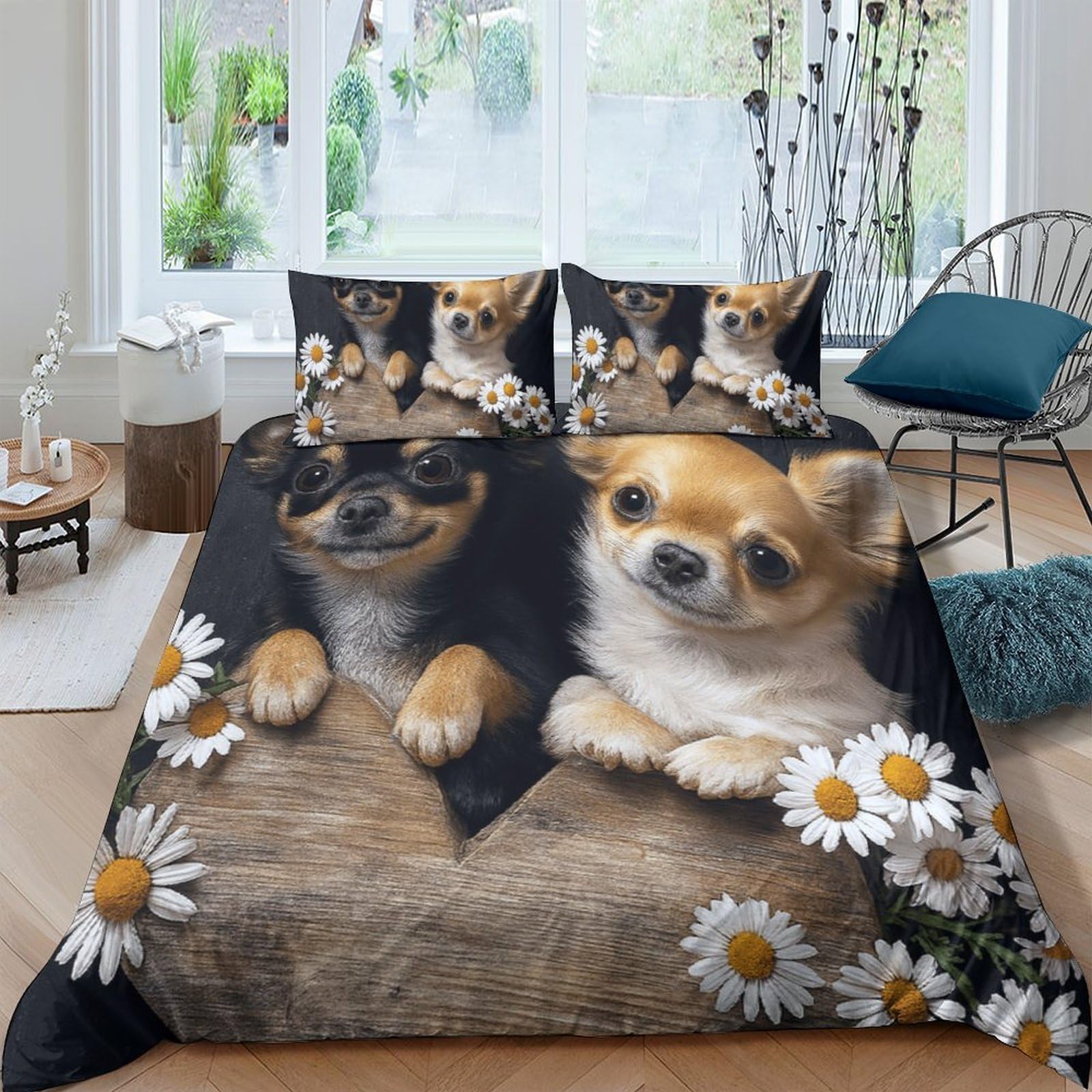 Ctjqhvkz Style-4 3D Printed Cute Chihuahua Fitted Sheet Microfiber Soft Daisy Dog Bed Cover For Bedroom Decor Mattress Protection Single（135X200cm）