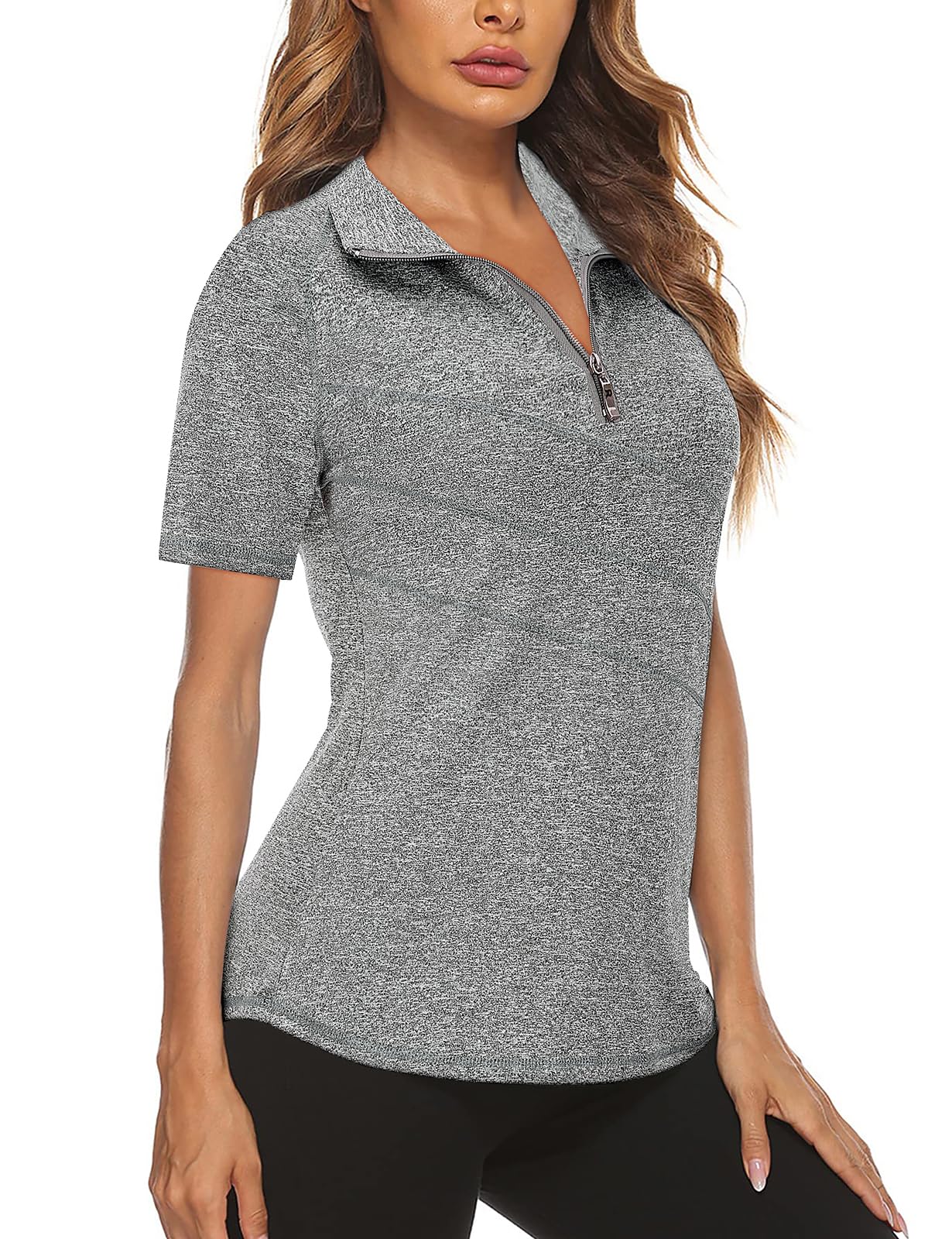 FlikityWomens Polo Shirts UK 1/4 Zip Quick Dry Ladies Golf Tops Moisture Wicking Sport Gym Athletic Tops Casual Workout Tops Yoga Tennis Runnning T Shirts S-2XL