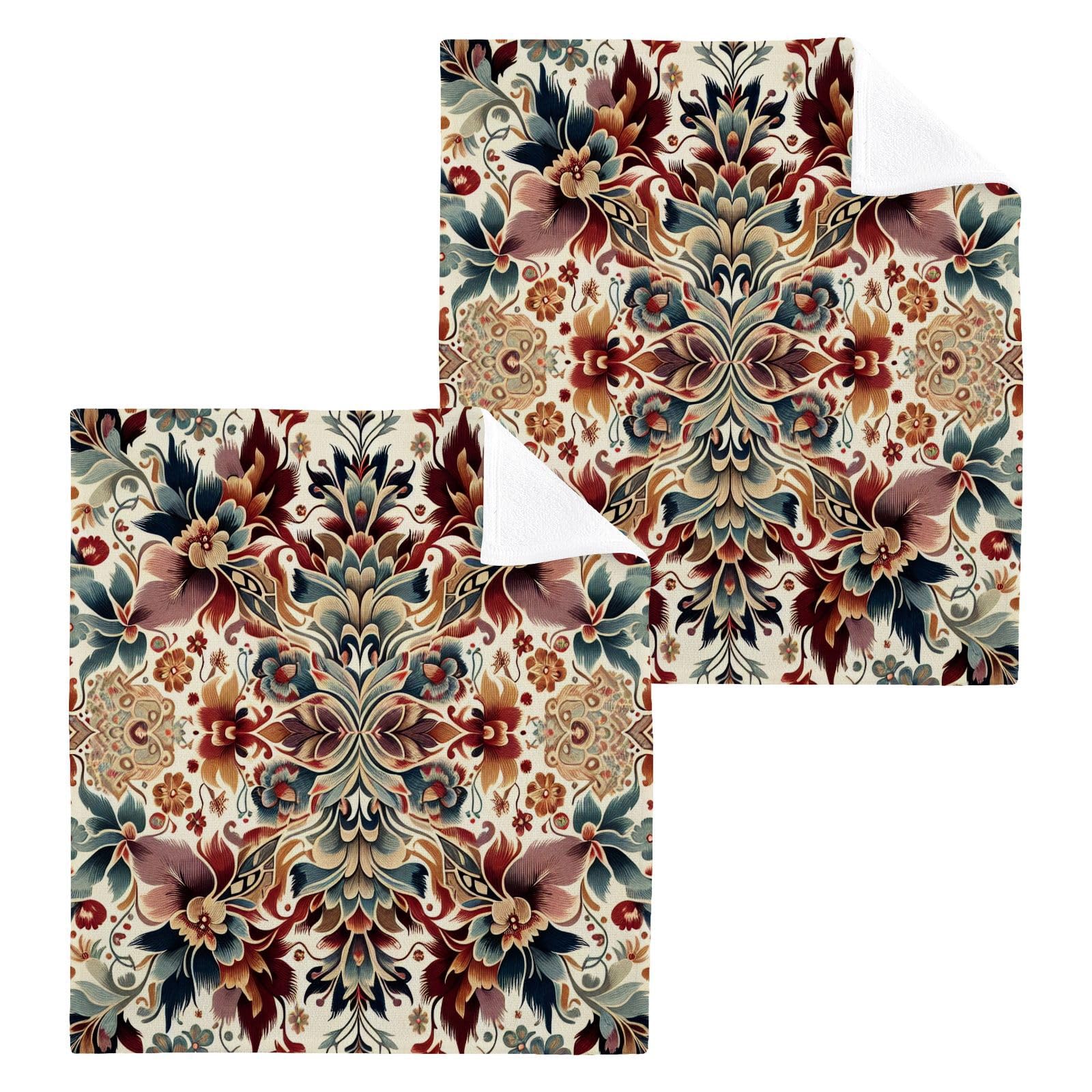 YANENDIE Floral Ikat Texture Washcloths Towels, Highly Absorbent and Soft Cotton Face Cloths, 2 Pack Quick Dry Wash Cloths - 12 X 12 Inches