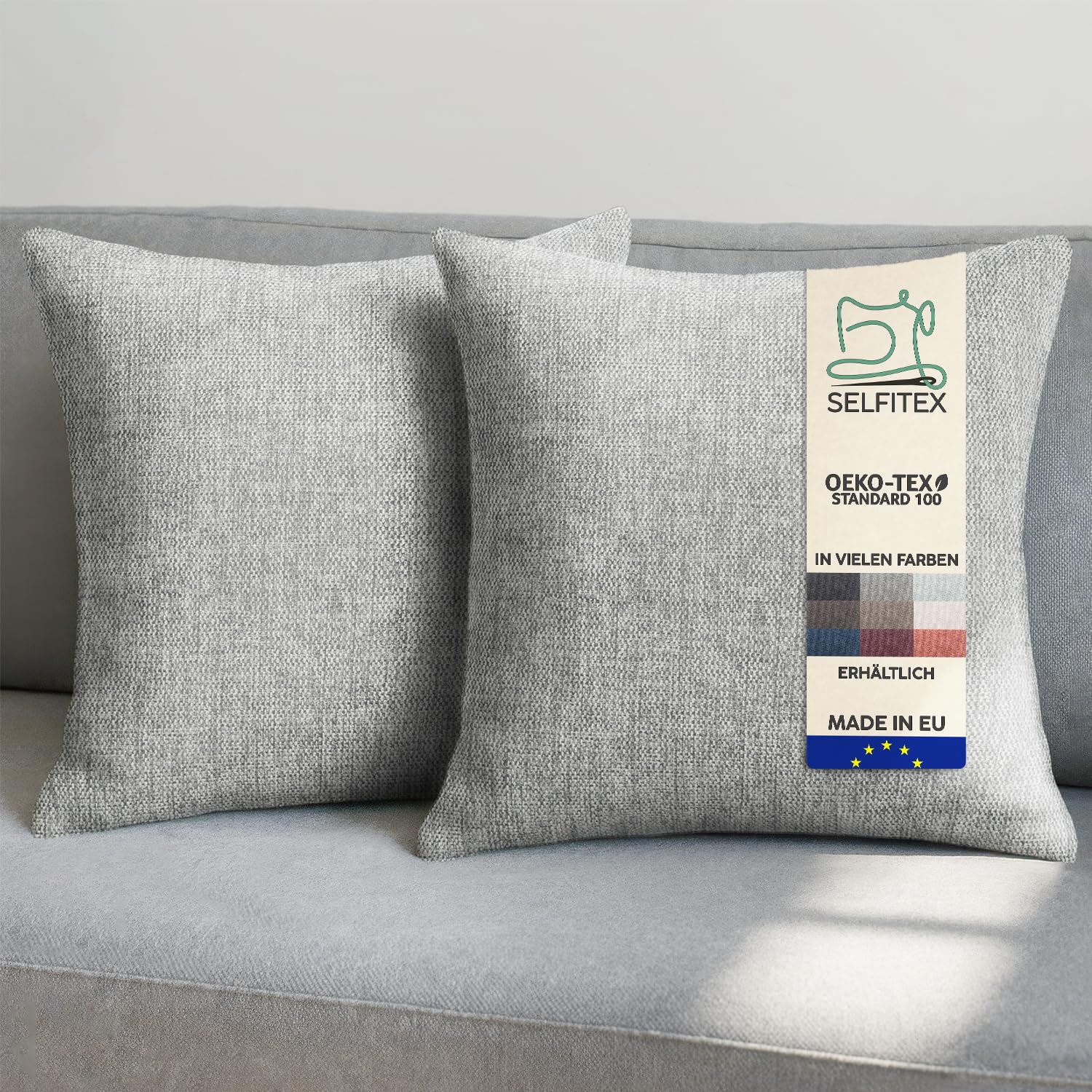 Selfitex 2er Set Sofakissen 50x50 cm, inkl. Füllkissen, gewebter Canvas Stoff, Matte & strukturierte Oberfläche, weiche Polyester Füllung, in Handarbeit gefertigt – Made in EU (Grau)