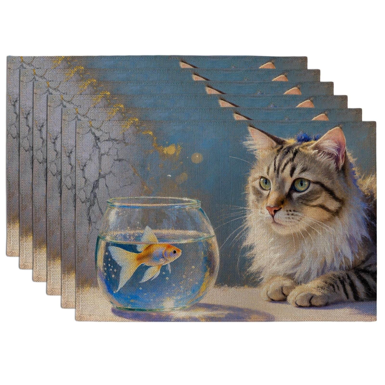 Cat and Fishes Placemats, Fanciful Artistic Table Mats for Dining Room, Everyday Decorative Non-Slip Washable Indoor Outdoor Kitchen Party Placemat Set of 6