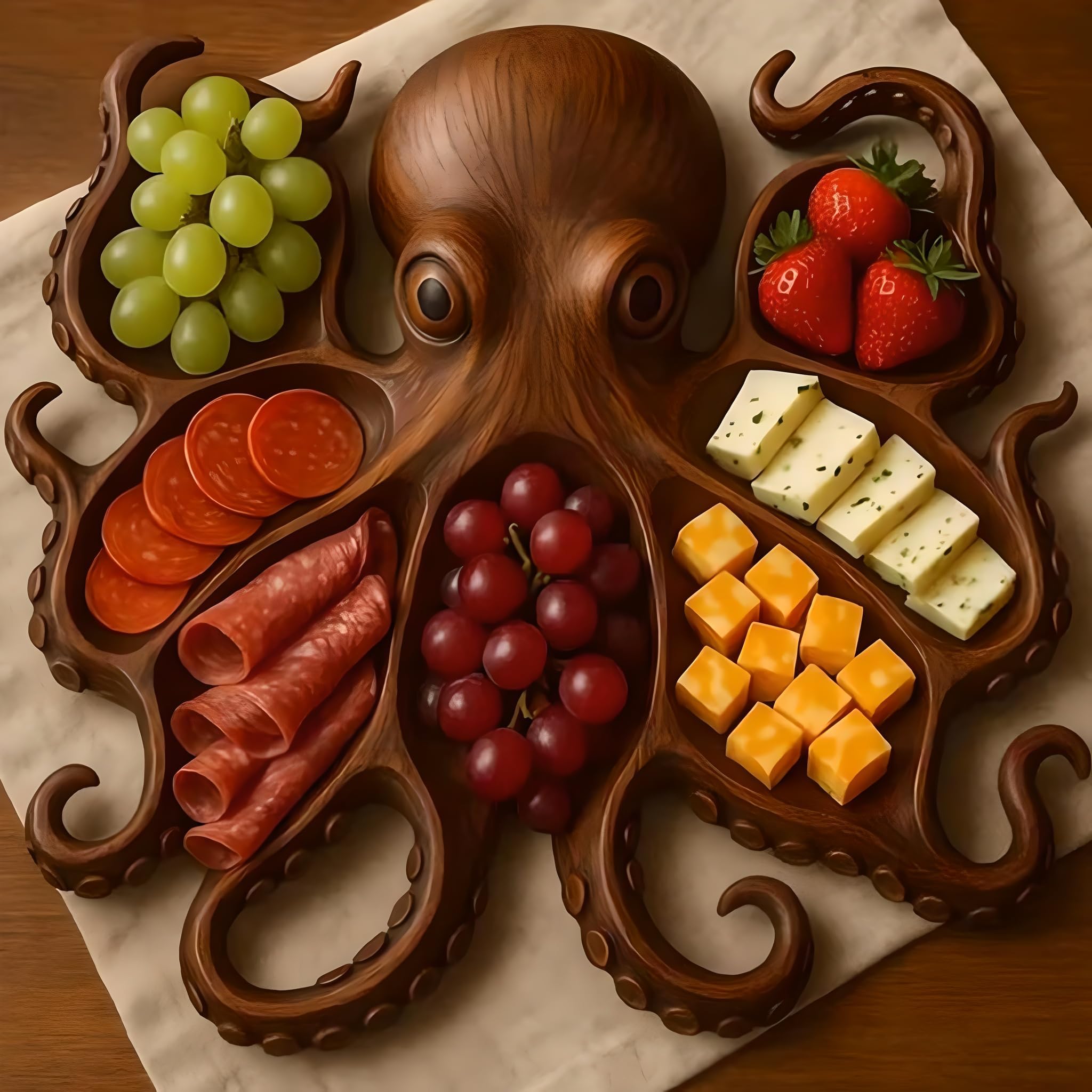 Octopus Charcuterie Board Holz Servierplatte Octopus Snackplatte Käsebrett Lebensmittel Serviertablett Behälter für Home Kitchen Decor Käse, Nüsse, Obst & Fleisch