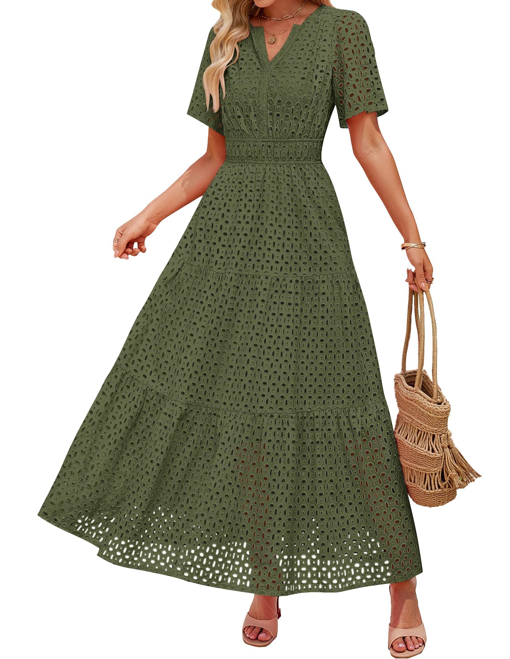 ZESICA Women's 2025 Summer Short Sleeve Maxi Dress Casual V Neck Hollow Out Eyelet Ruffle Swing A Line Long Dresses