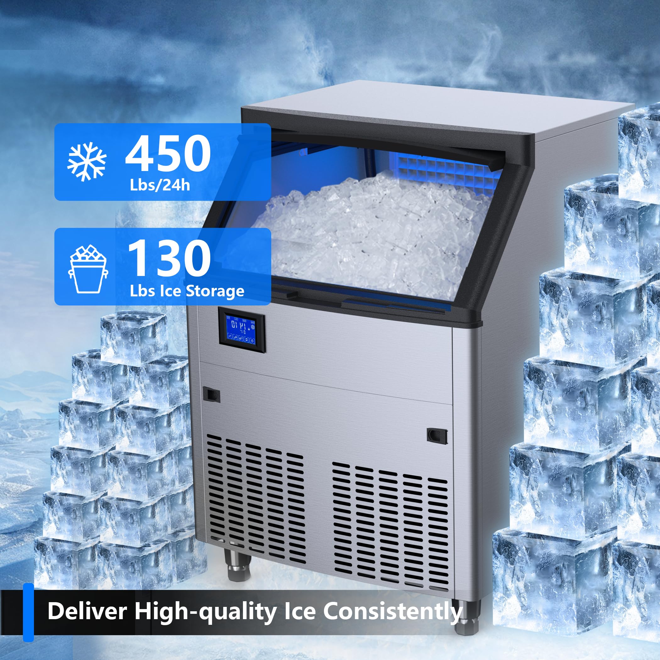 Coolake Commercial Ice Maker Machine 450lbs/24H with 130lbs Storage, Stainless Steel Under Counter Ice Maker, Descaling Water Filter, Ice Ready in 5-15 min for Home Bar, DOE ETL Approval