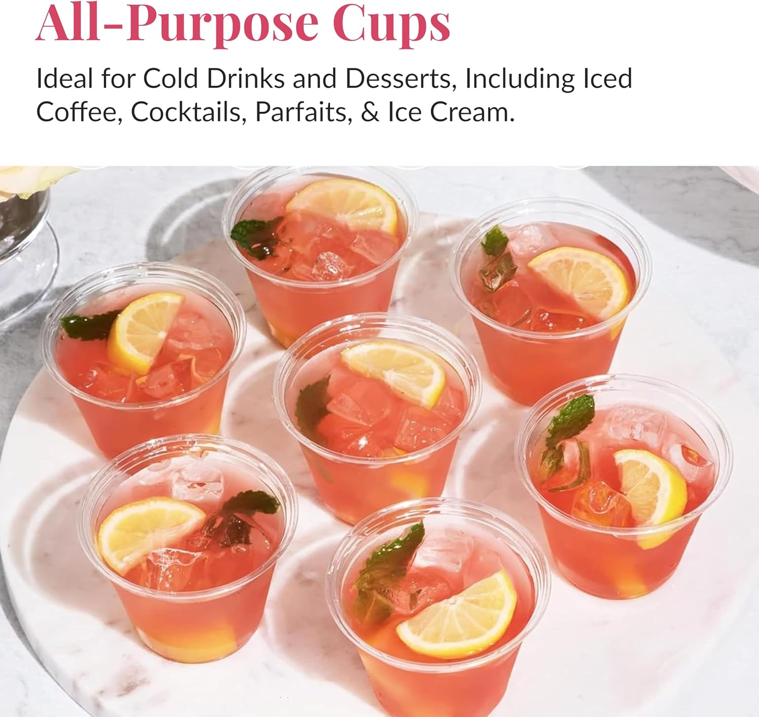 Prestee Clear Plastic Cups – 9oz Disposable PET Water, Wine, and Drink Glasses – Crystal Clear, Durable, Recyclable Party Cups – 100 Count for Holiday, Events, Coffee Shops, Restaurants - Image 6