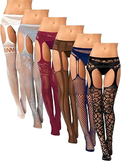 Skylety 6 Pairs Plus Size Fishnet Thigh High Stockings with Garter Belts - Sexy Suspender Pantyhose for Women