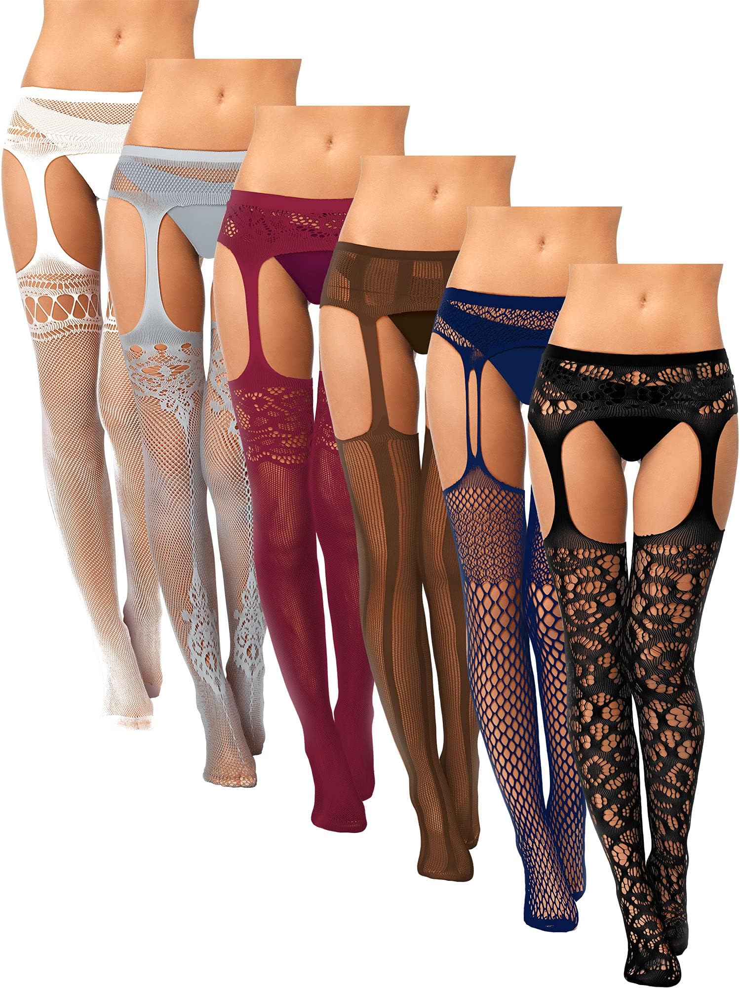 Skylety 6 Pairs Fishnet Stockings for Women Plus Size Thigh-high Tights Stockings Suspender Pantyhose Garter Belts