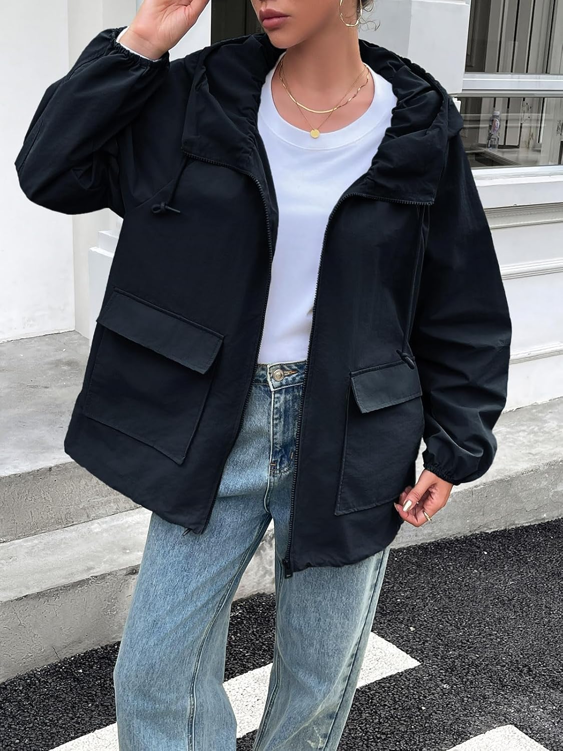 Fisoew Womens Oversized Lightweight Jacket Hooded Trench Coat Windbreaker Waterproof Raincoat With Pockets for Outdoor - Image 2