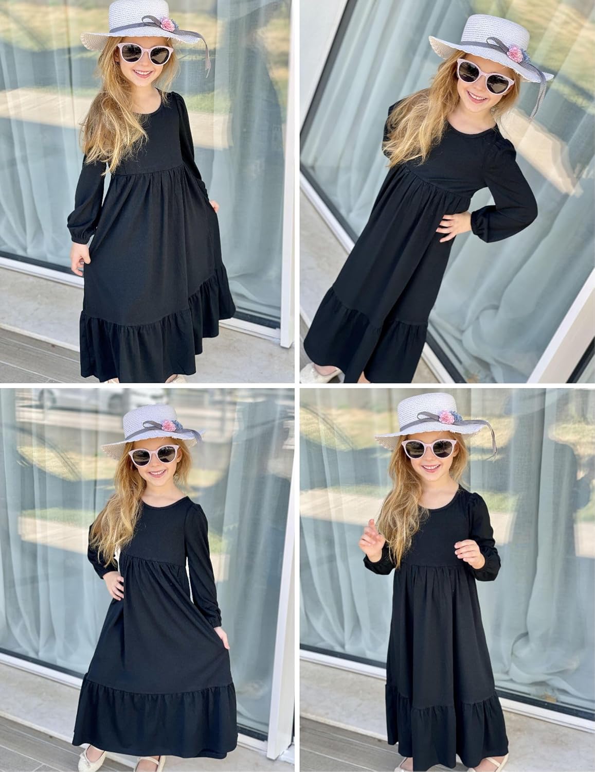 Arshiner Girls Maxi Dresses Lantern Long Sleeve Casual Holiday Dress with Pockets for 5-14 Y - Image 4