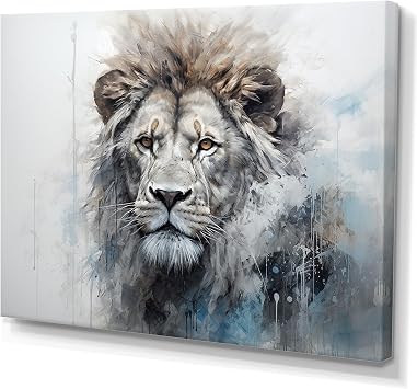 DesignQ Lion Animal Wall Decor, LionS Royal Presence In Grey And Blue Savannah, lion Large Wall art decor, grey Canvas wall art, 44x34 inches