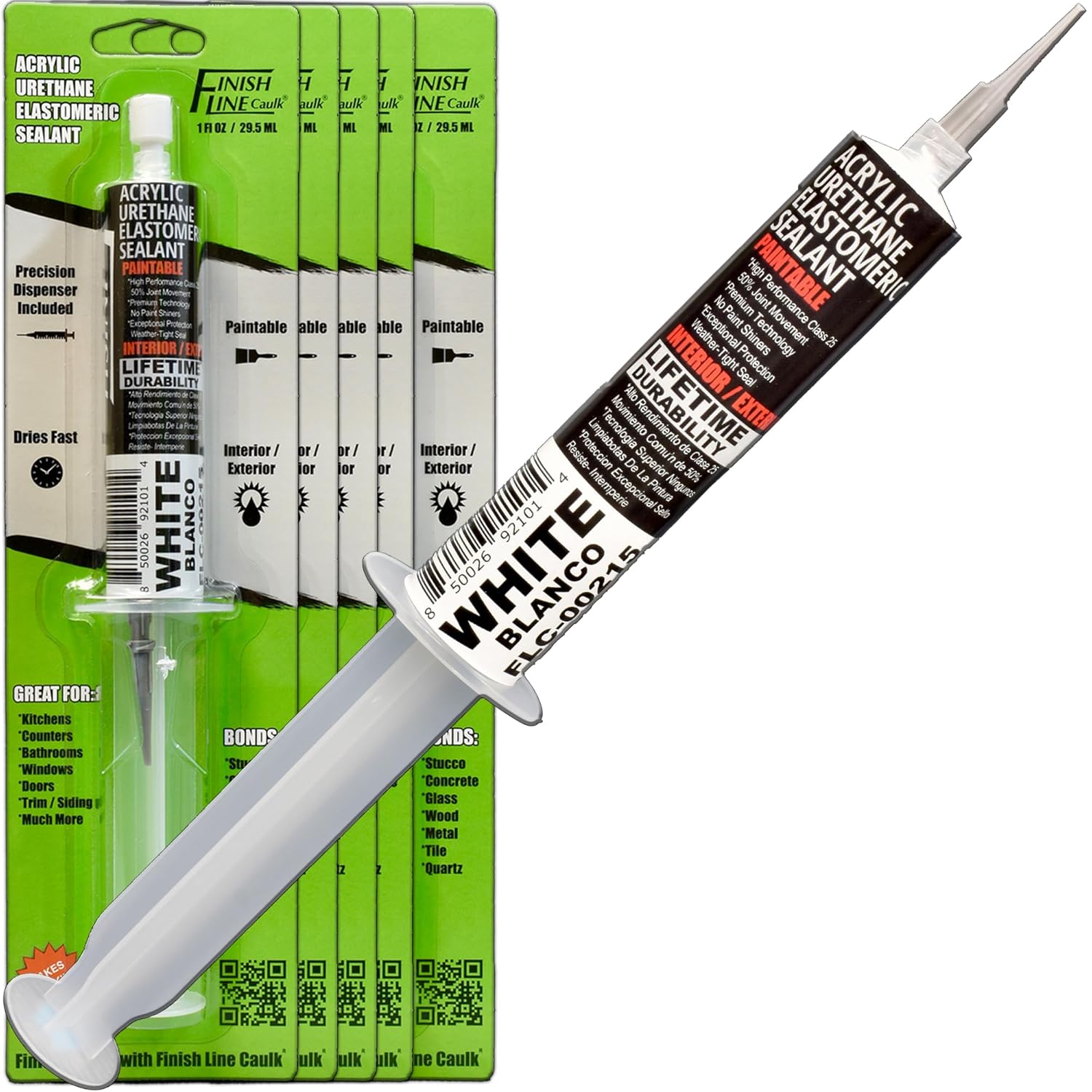 – Acrylic Urethane Elastomeric Sealant – Pre-Filled Precision Caulk Gun – White – 5-Pack – Flexible & Durable Sealant for Trim, Baseboards, and Small Cracks