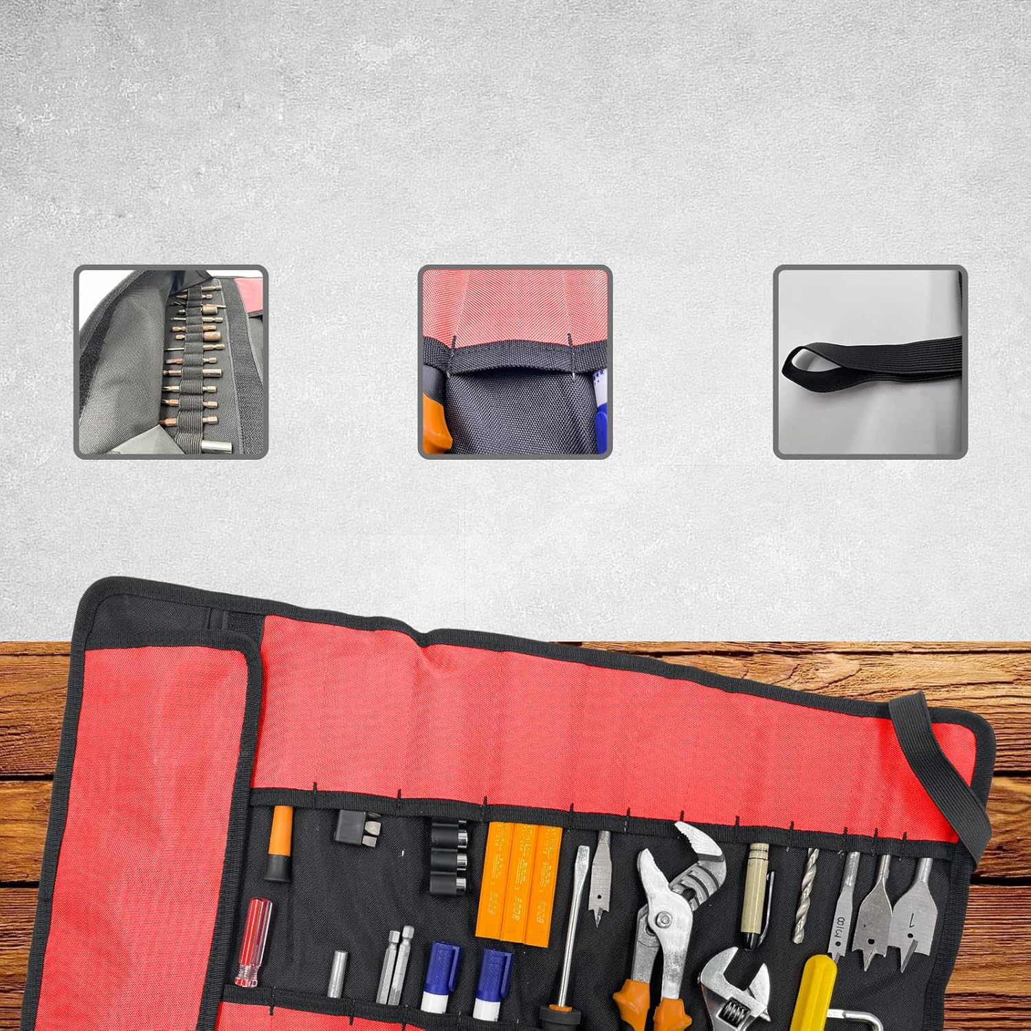 36 Pockets Tool Roll Organizer Tool Roll Up Pouch, Roll Storage Bag Pouch for Electrician (Red)