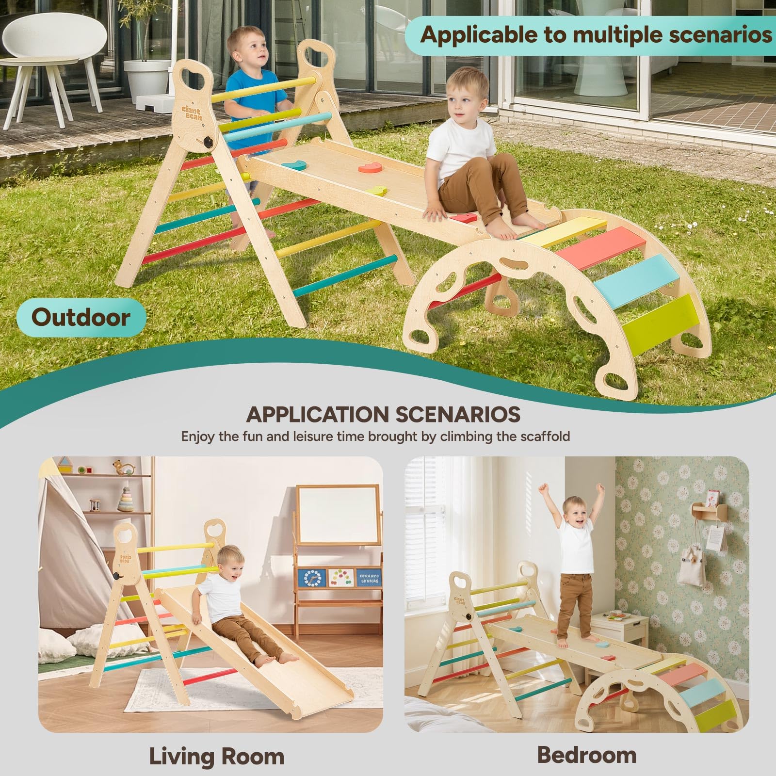 Giant bean 5-in-1 Montessori Kletterdreieck mit Kletterbogen und Rutsche, Holzdreieck für Kleinkinder ab 2-5, Indoor Kletterspielzeug, Regenbogen mit Griff, Hellbraun,