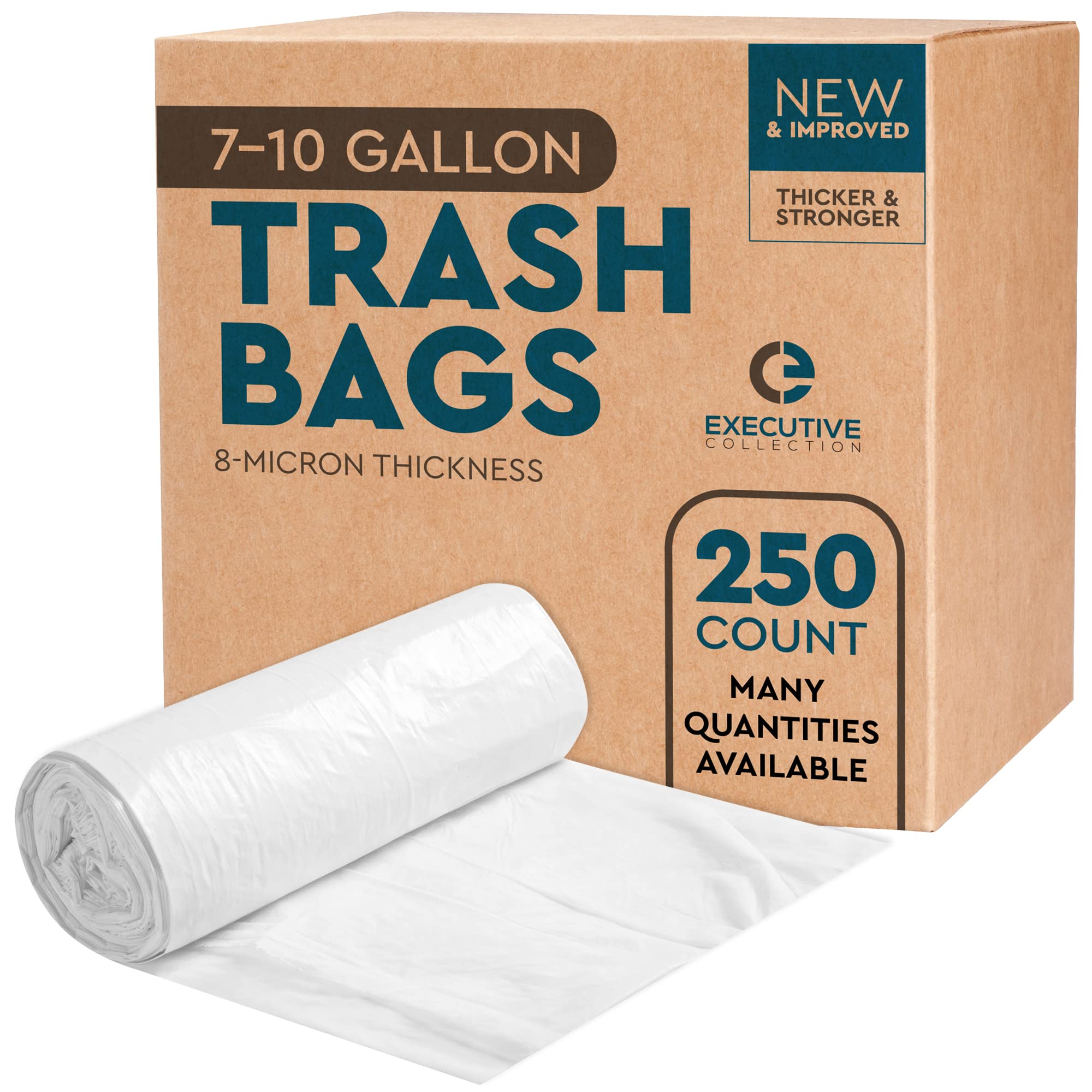 Clear 7-10 Gallon Trash Bags, Bulk Pack - Medium Size Garbage Bin Liners for Office, Bedroom and Kitchen Wastebasket Cans - by Executive Collection (250 Bags)