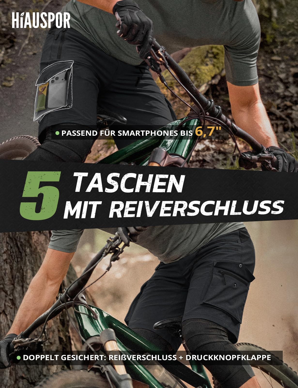 Hiauspor Short de VTT pour Homme - Short de Cyclisme rembourré 3D - Coupe Ample - Poches zippées pour VTT et randonnée