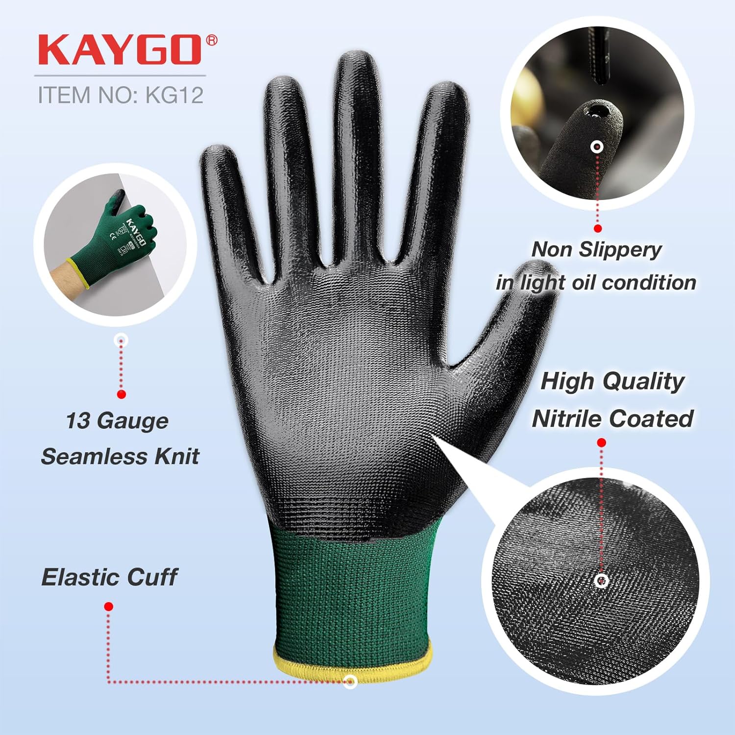 KAYGO Work Gloves Nitrile Coated, 12 Pairs KG12N，Seamless Knit, Protective Safety Work Gloves with Good Grip for General Work,green, L