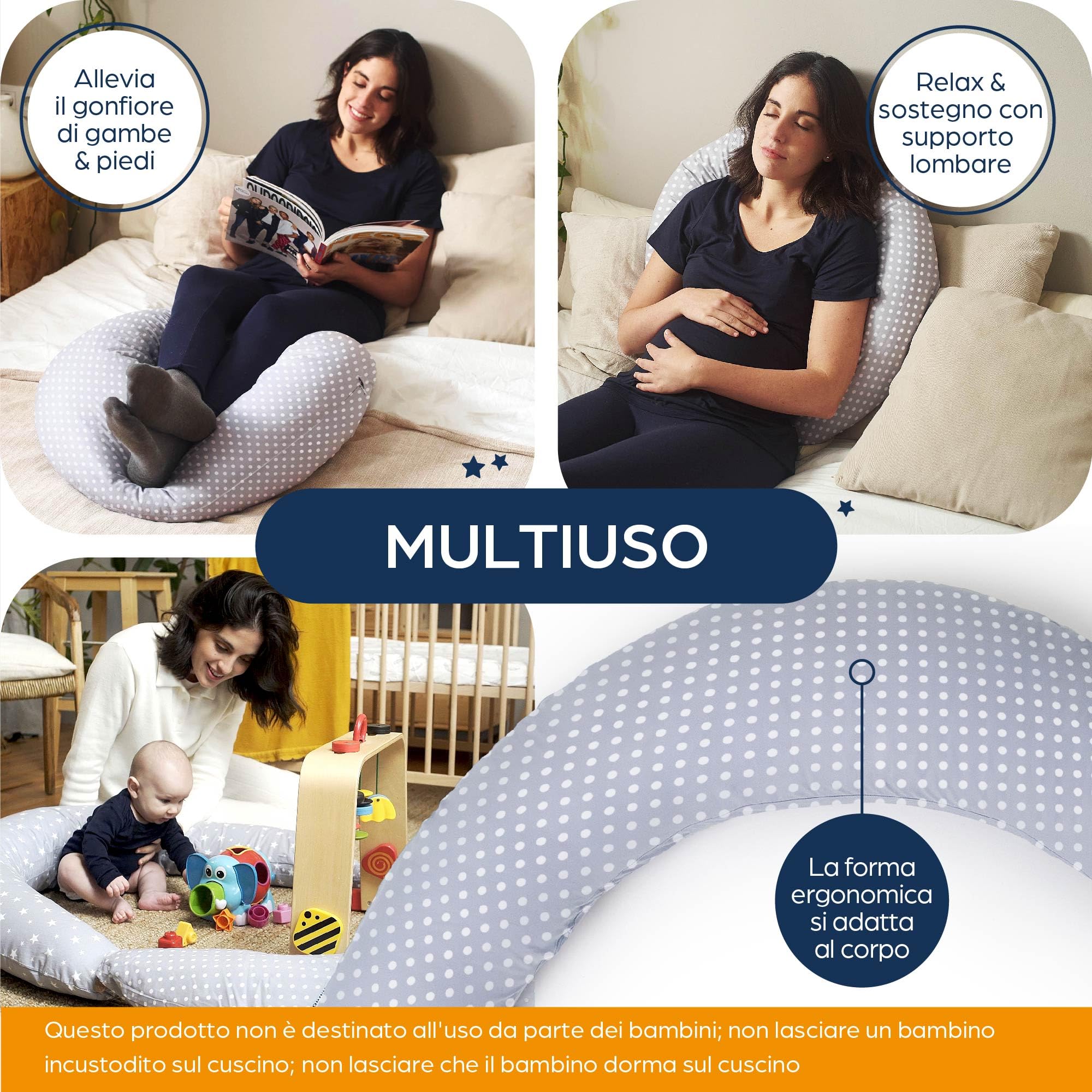 Niimo Cuscino Gravidanza e Allattamento per Dormire di lato con Cuscino Piccolo Multifunzionale Federa Esterna 100% Cotone Sfoderabile e Lavabile Uso Versatile (Grigio Pois Bianchi)