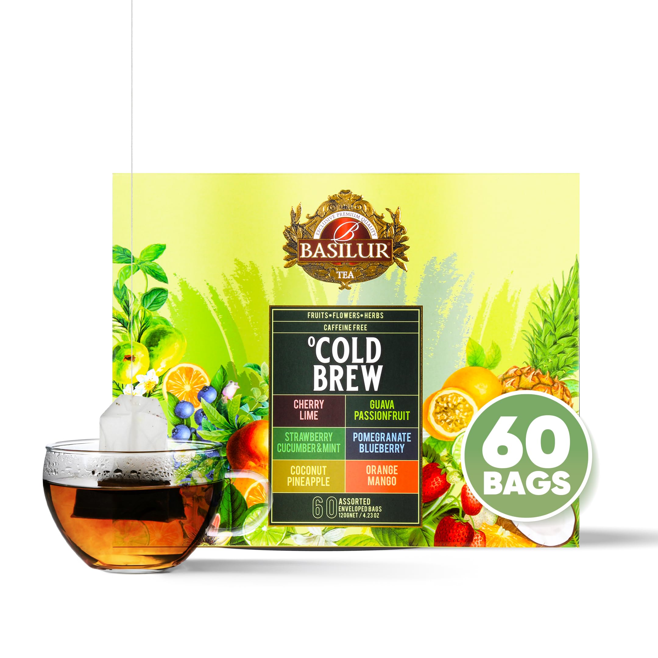 Basilur Iced Tea Cold Brew - Assorted | 6 Blends - Cherry Lime, Guava Passionfruit, Strawberry Cucumber & Mint, Pomegranate Blueberry, Coconut Pineapple & Orange Mango | Foil Enveloped 60 Tea Bags