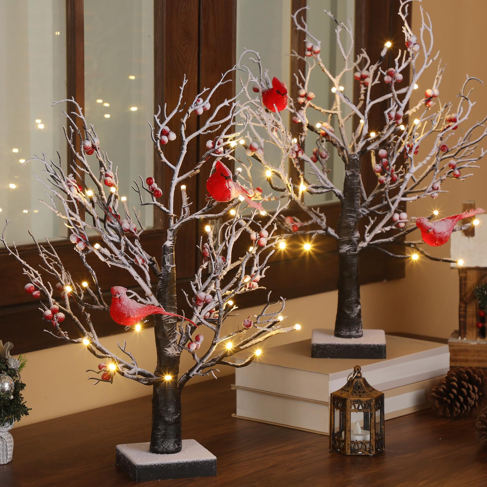 Realspring 2 Pcs Vintage Glowing Tree with Cardinals, Snowing Style