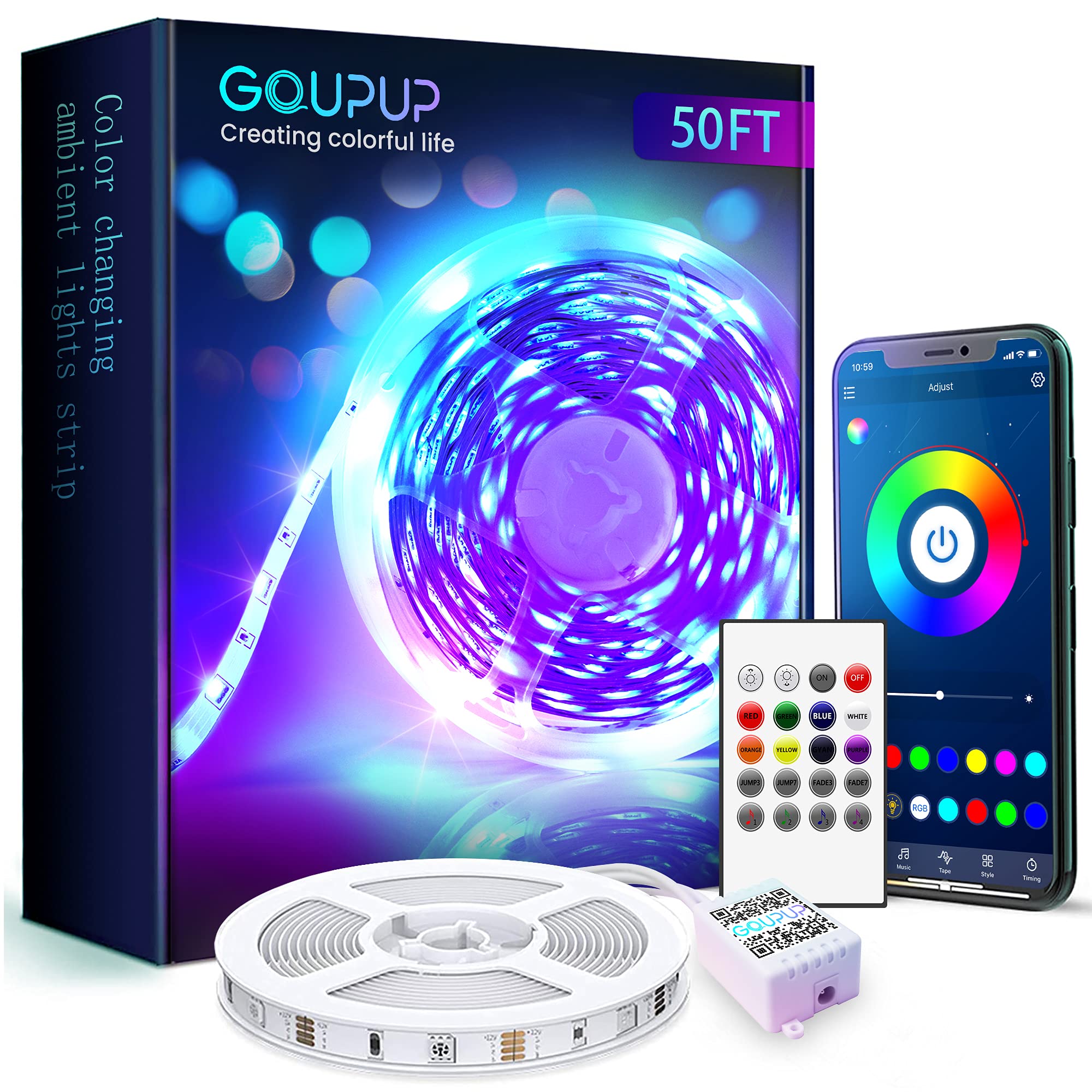 GUPUPBluetooth LED Strip Lights 50 ft, Color Changing LED Lights for Bedroom,Built-in-Mic,Music Sync Tape Lighting,Phone Smart Controlled(APP+Remote+Mic)