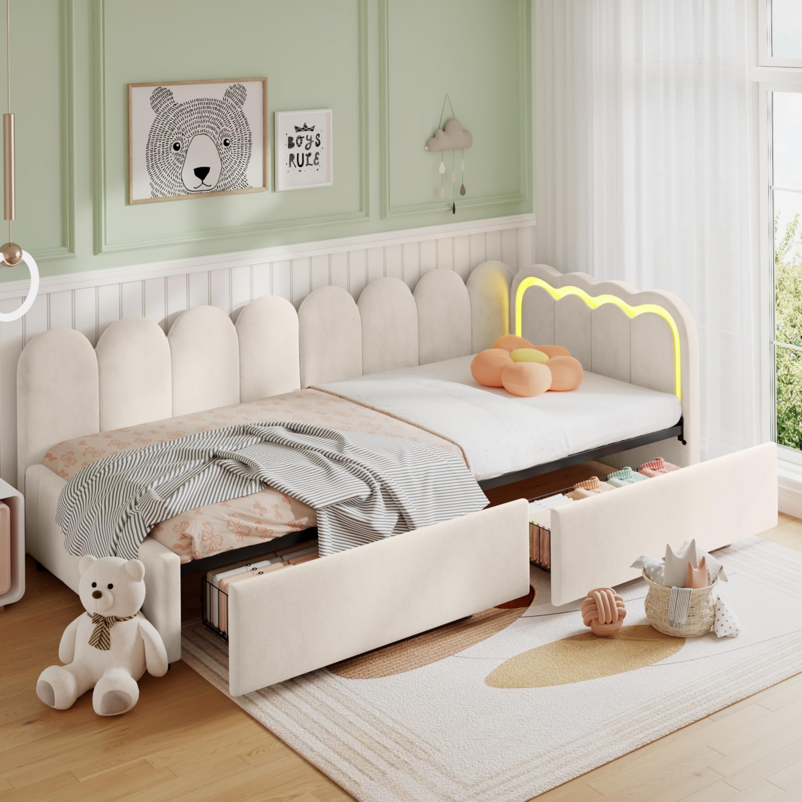 Xfholl 3ft Single Daybed with Smart RGB LED Lights and 2 Storage Drawers, Modern Youth Bed with Scalloped Backrest, Velvet, Beige, 90 x 190 cm (No Mattress)