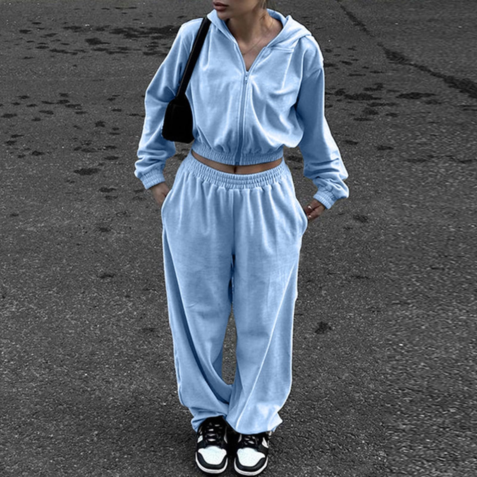 2-teiliges Set im Street-Style für Damen, langärmelige Strickjacke mit Kapuze und elastischer Hose