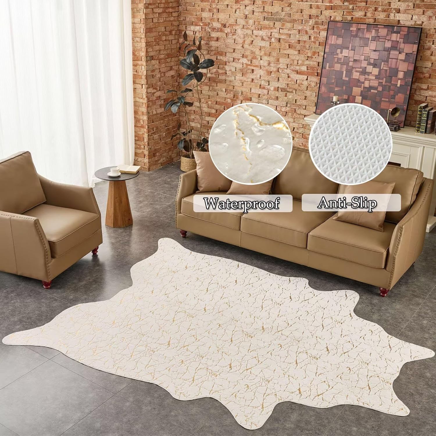 Premium Faux Fur Cowhide Rug,Large Carpet Non-Slip Cow Print Rugs,Suitable for Bedroom Living Room Western Decor,Faux Fur Animal Cow Hide Carpet-White and Gold-6.3 * 9FT(75 * 110inch)