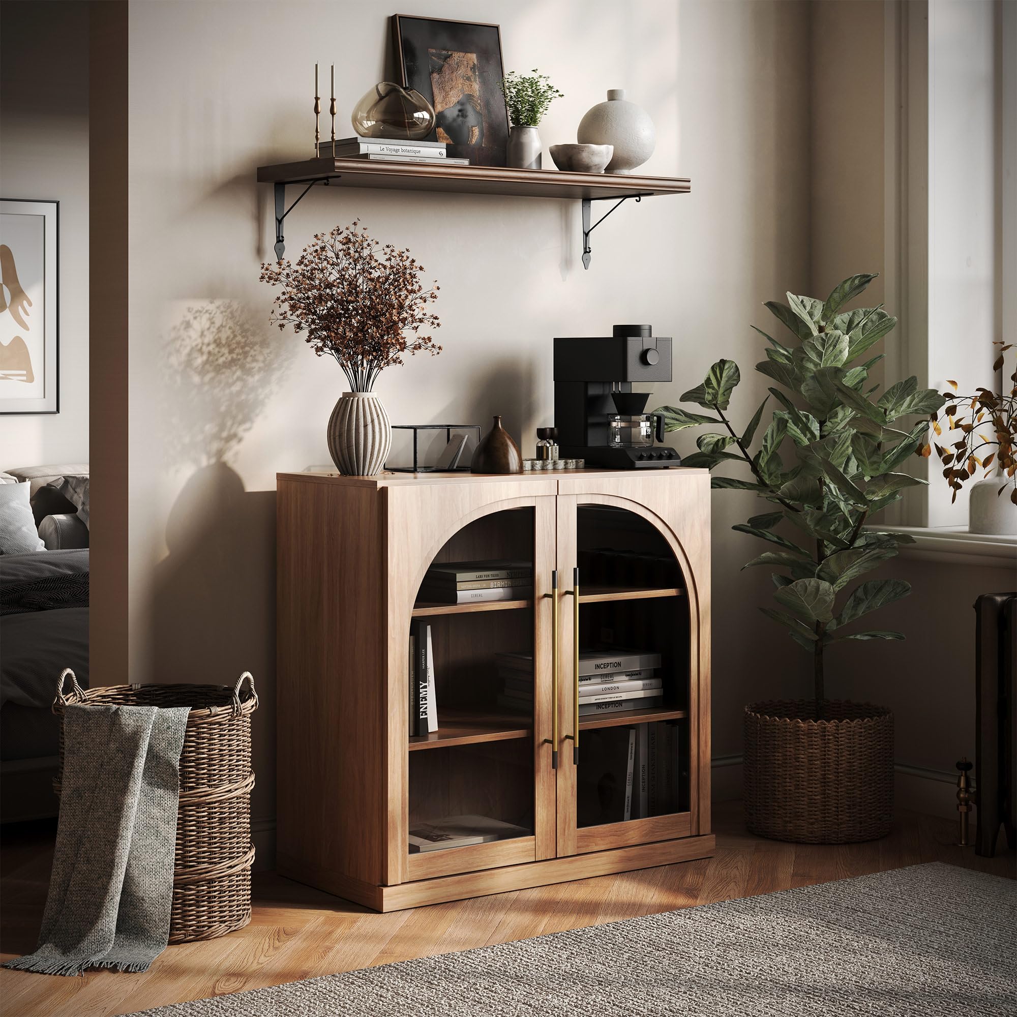 belleze modular sideboard with arched glass door, accent display buffet cabinet with storage and adjustable shelves,classic modern credenza for dining room living room entryway (camel)