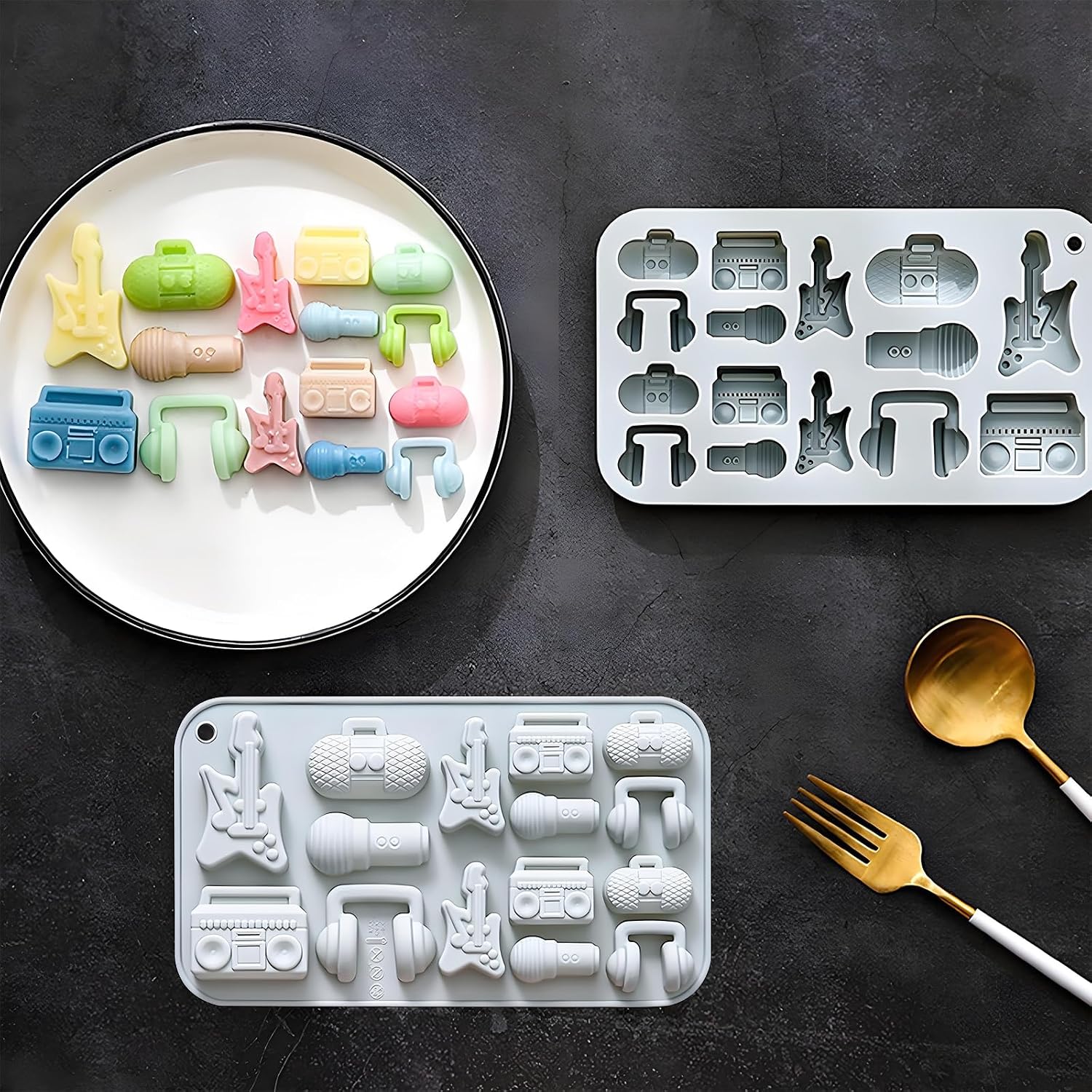 15 Cavity Silicone Music Theme Molds, 3D Guitar Shaped Chocolate Molds, Microphone Shaped Ice Cube Tray for Candy, Gummy, Jello, Wax, Set of 2