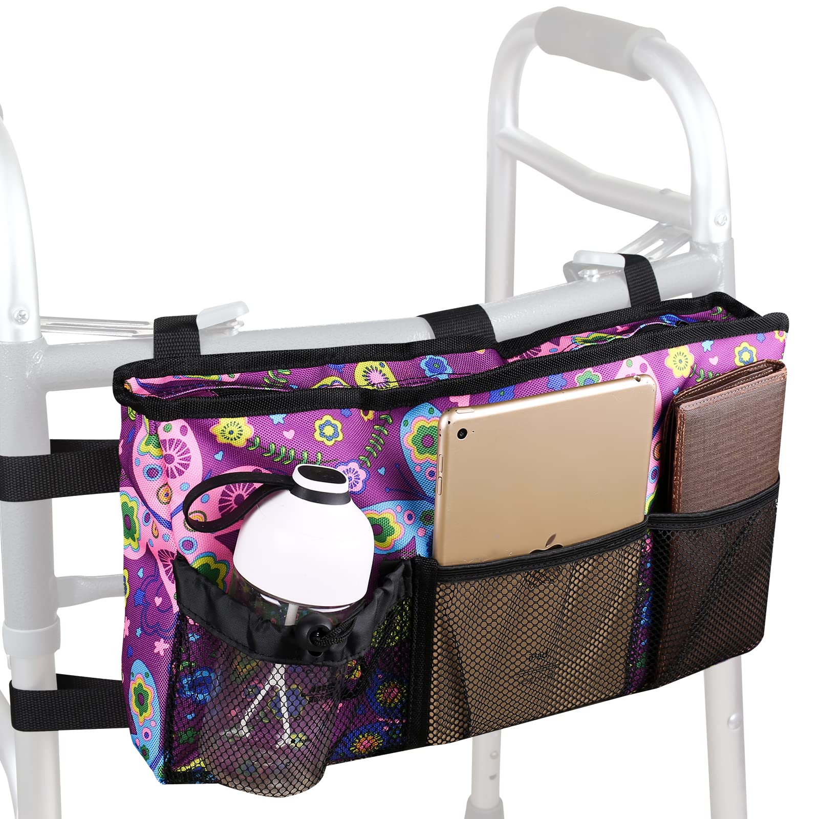 Walker Bag Organizer with Adjustable Shoulder Strap Walker Pouch Accessories Bag Water Resistant Storage Basket Tote Bag for Folding Walker,Rollator, Bariatric Walkers,Wheelchair (Purple Butterfly)