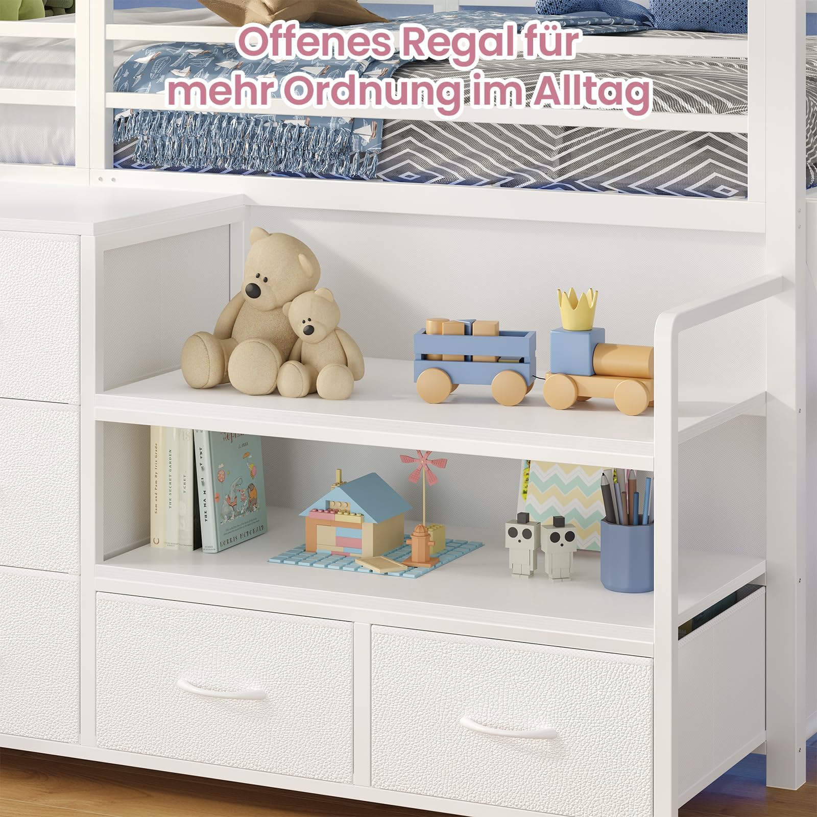 KIMENICH Hochbett 90x200, Bett mit 5 Schubladen, Kuscheltier Aufbewahrung
