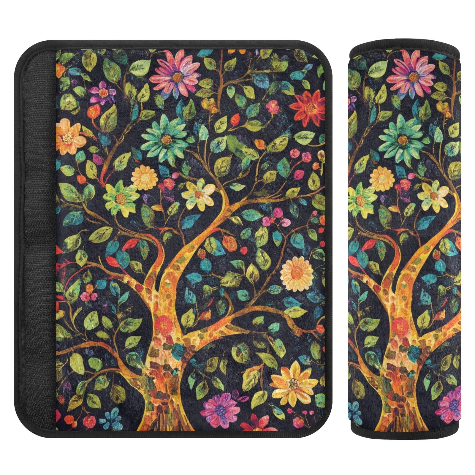 Tree Of Life Floral Leaves Black Seat Belt Cover Pad 2 Pcs Soft Cute Seatbelt Covers Protector Support Head Neck Shoulder Strap for Car Seats High Chair Backpack for Adults Kids Women Men 6.5x6
