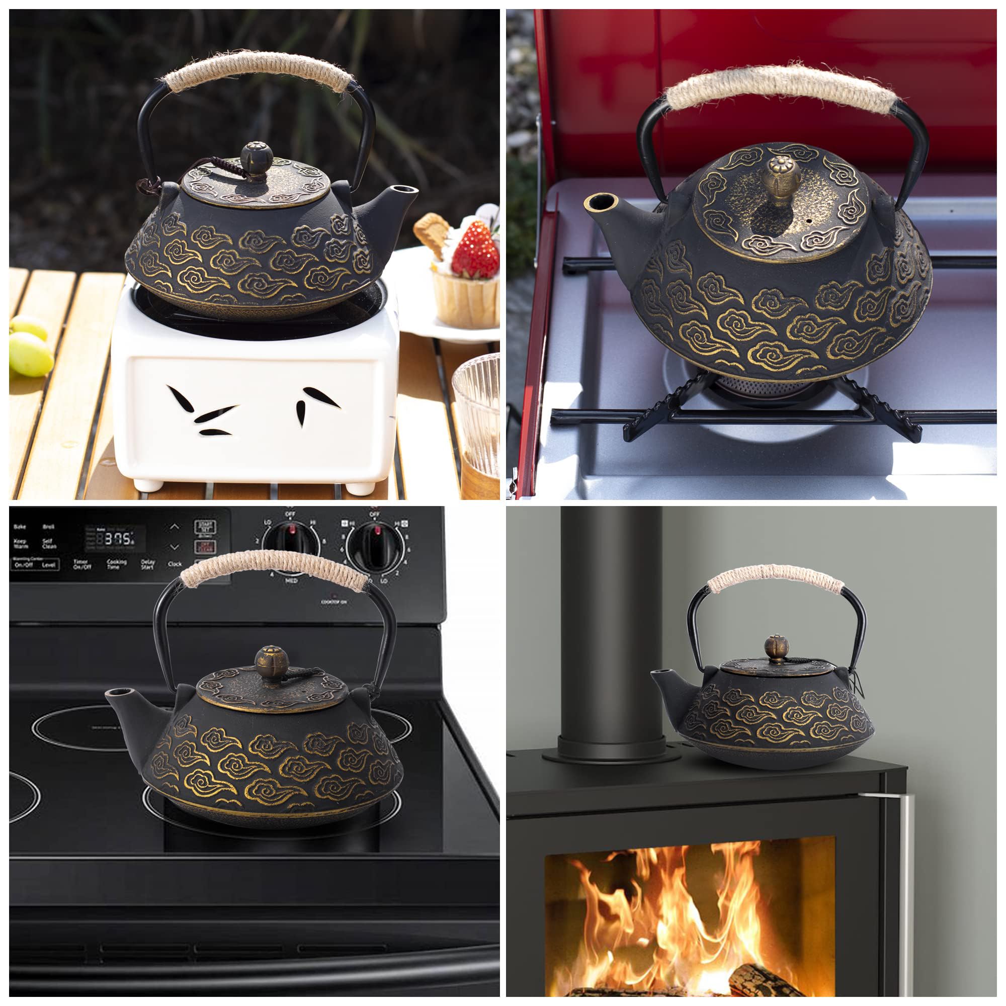 Gusseisen-Teekanne, japanische Teekanne mit Infuser für losen Tee, 800ml Teekessel für Herdplatten geeignet, mit emailliertem Innenbeschichtung, Wolkenmuster, 27oz Schwarz