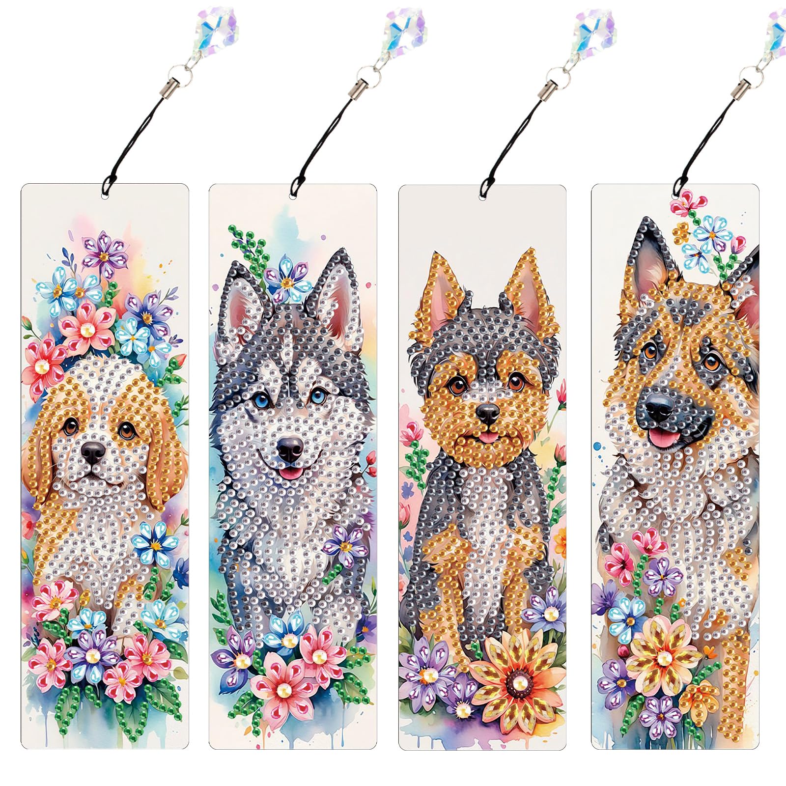 4 Pieces Diamond Art Painting Bookmarks for Adults 5D Floral Rhinestone Bookmarks Animal Dog Art Bookmarks DIY Diamond Painting Bookmarks with Tassels Crafts Supplies