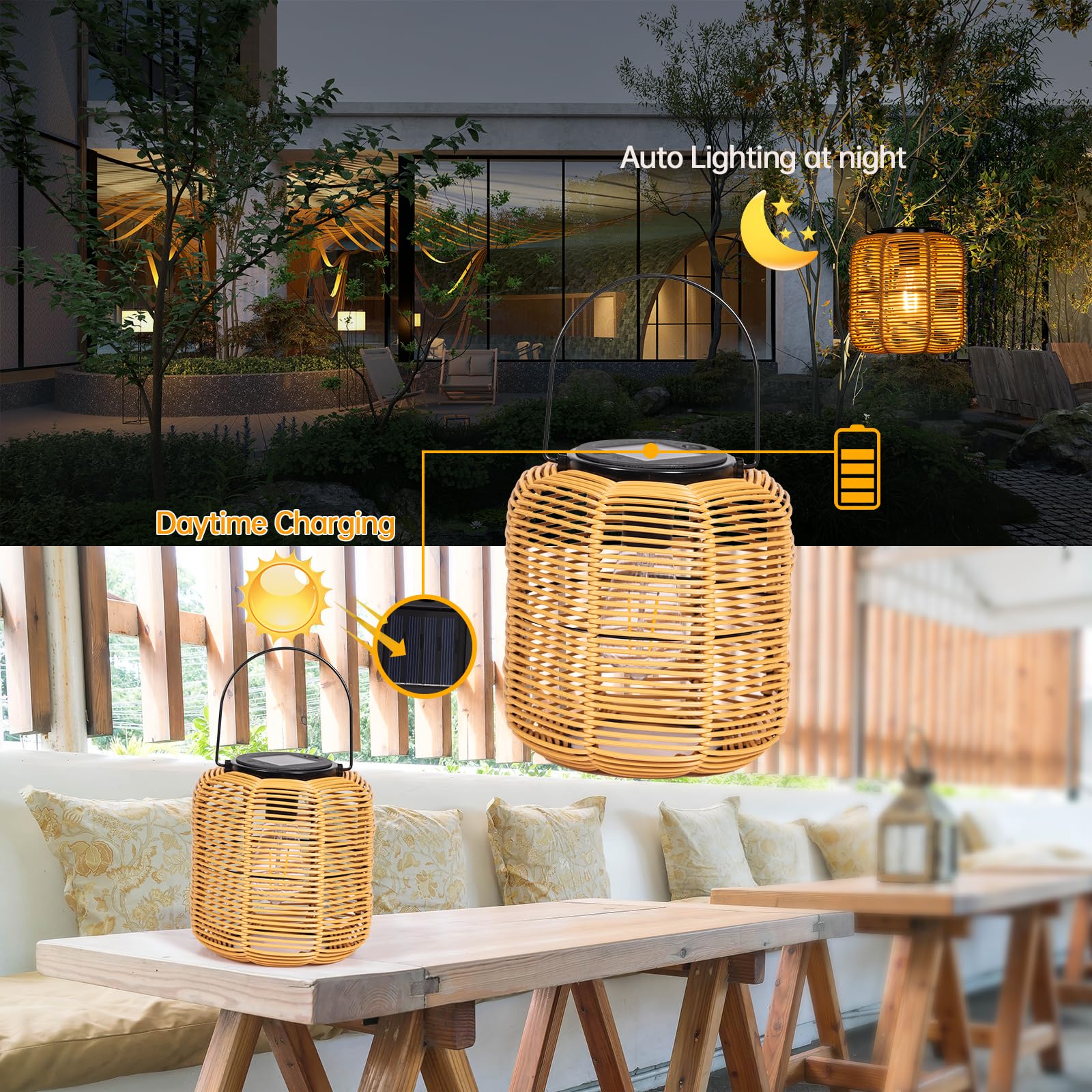 2PK Solar Lanterns Outdoor Waterproof Hanging Rattan Lantern Lights Solar Powered Decorative Table Lamp for Garden Patio Courtyard Lawn