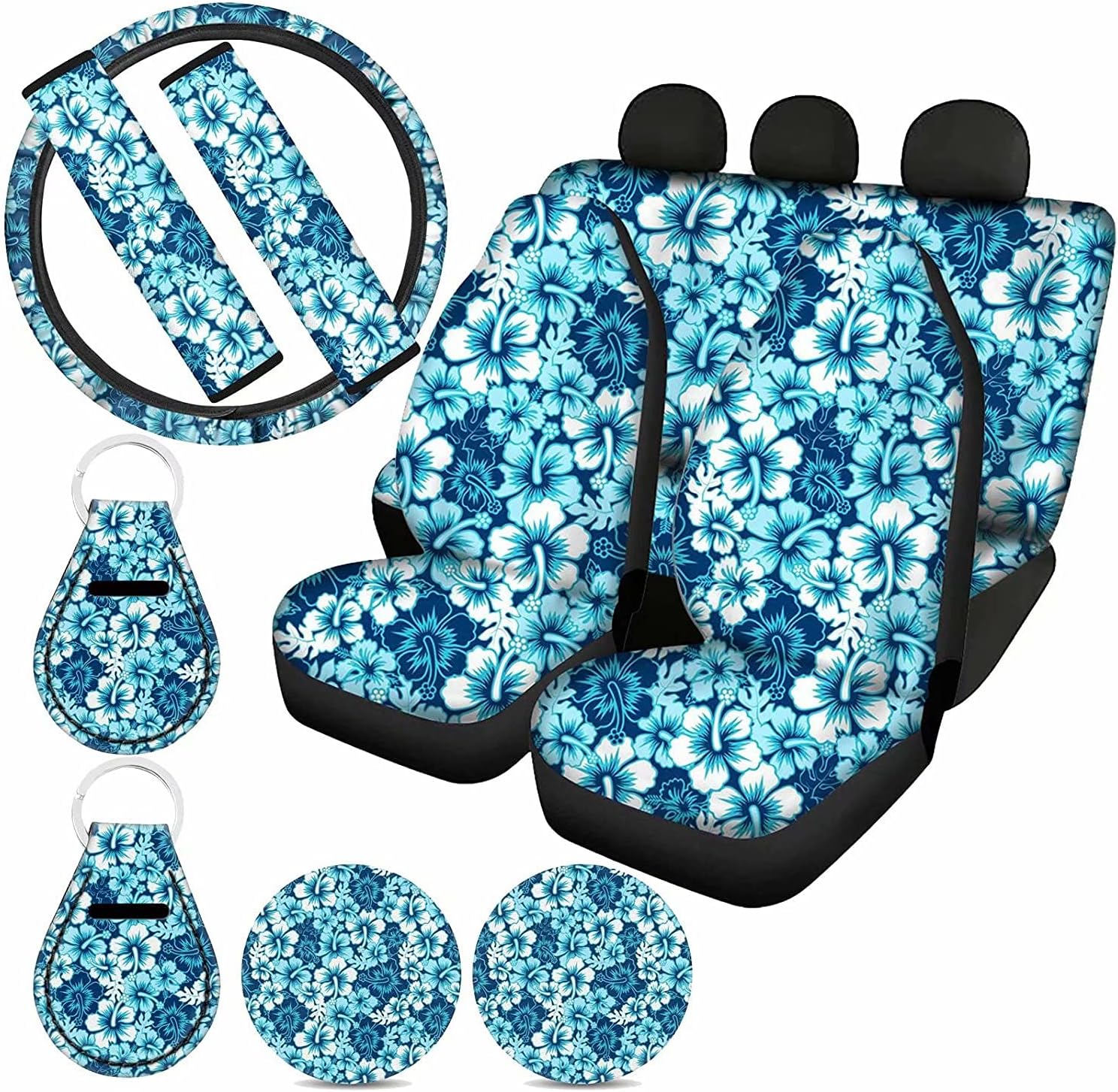 GIFTPUZZ Car Seat Covers Universal Front Back Full Set Blue Hibiscus Flower Pattern with Steering Wheel Cover + Seatbelt Strap Cover + Coasters + Key Chains, 11PCS Auto Accessories Decor Washable