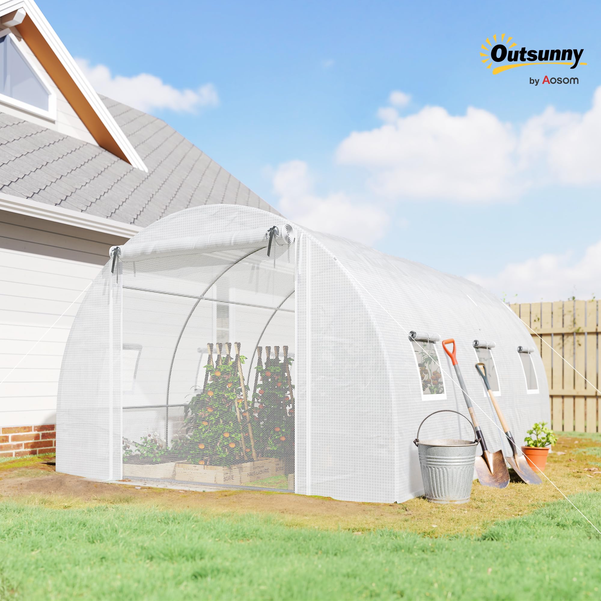 Invernadero Outsunny invernadero de película aprox. 3x4x2m invernadero para tomates con 6 ventanas y puerta naturales enrollables, tubo de acero, película de PE de 140g/m², túnel de película estable