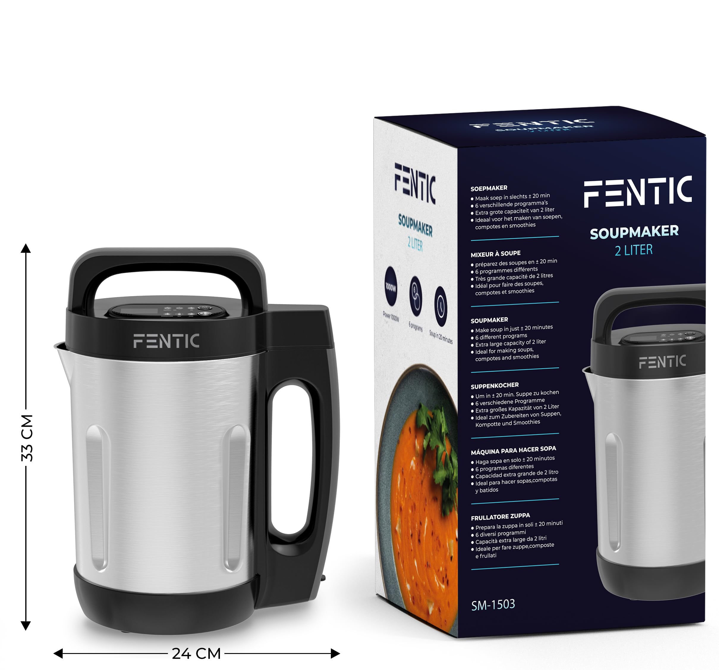 Blender Soupe | 2L | 6 Programmes | Affichage LED | Blender Chauffant | 1000W | Acier Inoxydable/Noir