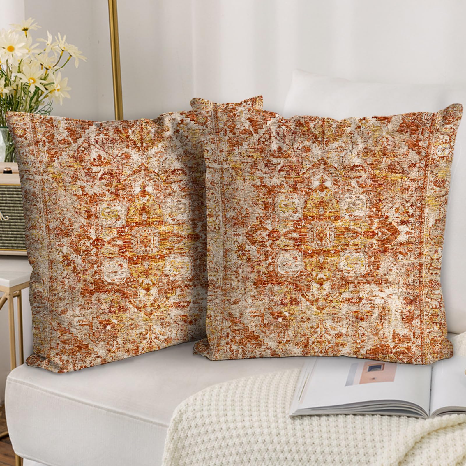 BUAEL Boho Throw Pillow Covers 20x20 inch Set of 2,Bohemian Vintage Carpet Pattern Antique Ethnic Decor Double Sided Pattern Cushion Cover Soft Pillow