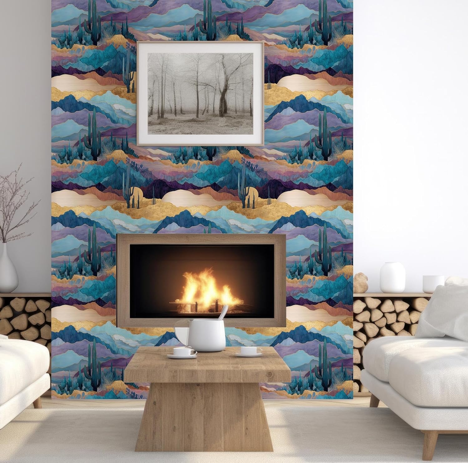 Abstract Desert Landscape Peel and Stick Wallpaper, Southwestern Mountain Cactus Wallpaper for Home Decor | Self-Adhesive, Waterproof Vinyl, 17.7" x 118"