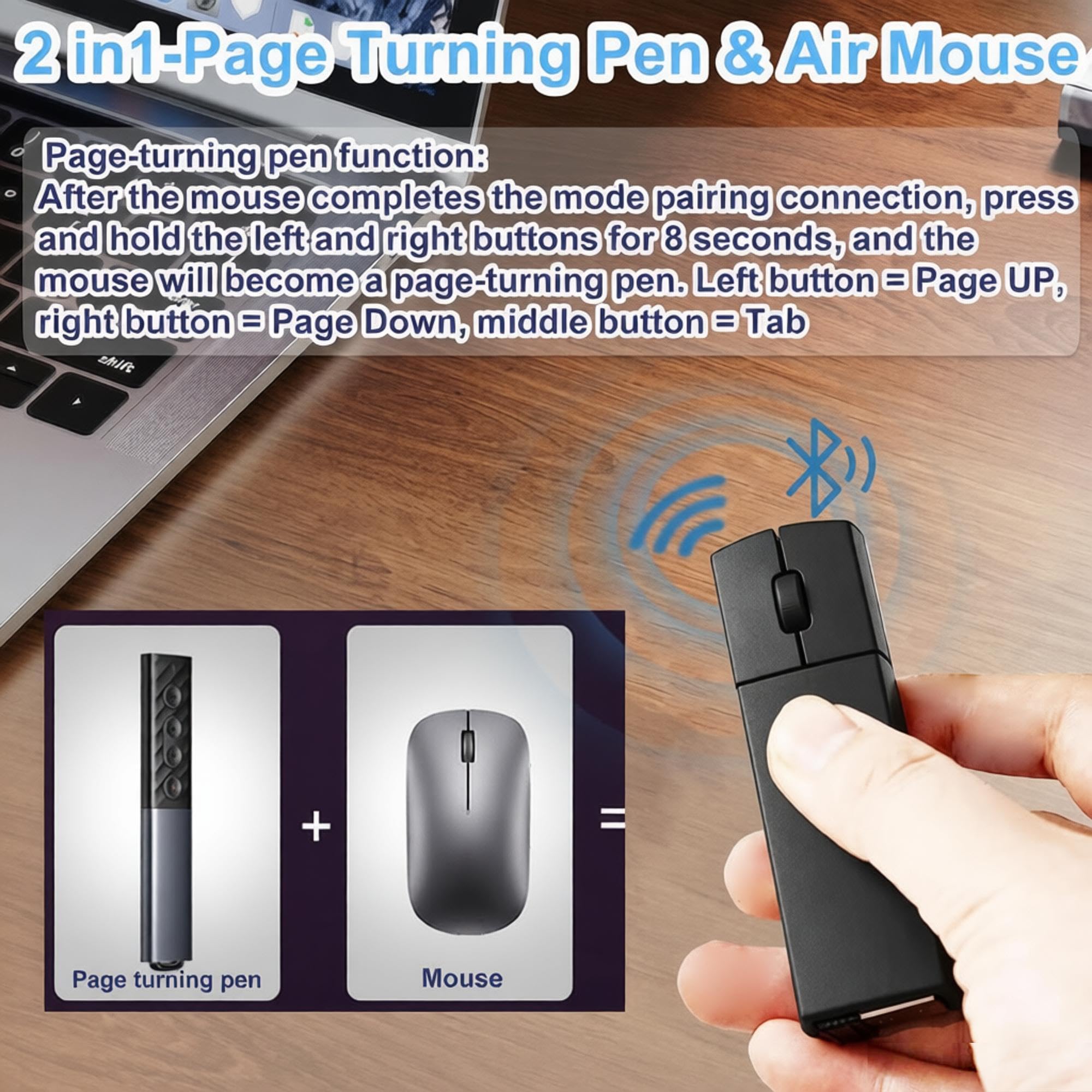 Kabellose ergonomische Finger-Bluetooth-Maus, 2,4 GHz, Mini-Maus, wiederaufladbar, Dual-Modus, drei Geräte, 2-in-1-Seitenwender, tragbare Computer-Hand-Luftmäuse mit Box, leise für Laptop/PC/Mac für