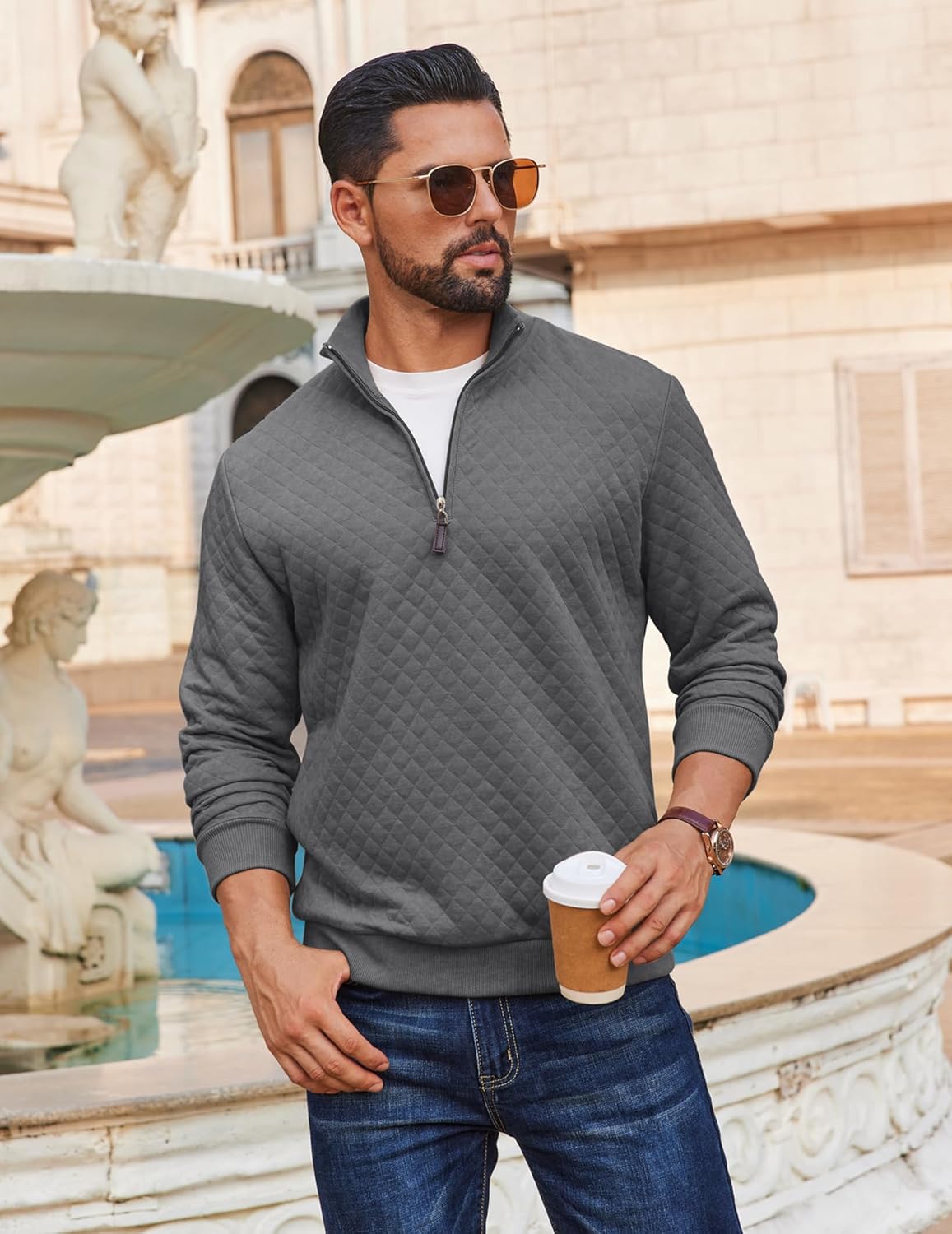 COOFANDY Men Quarter Zip Pullover Long Sleeve Quilted Sweatshirt Waffle Casual Collared Sweatshirts Mock Neck Winter Polo