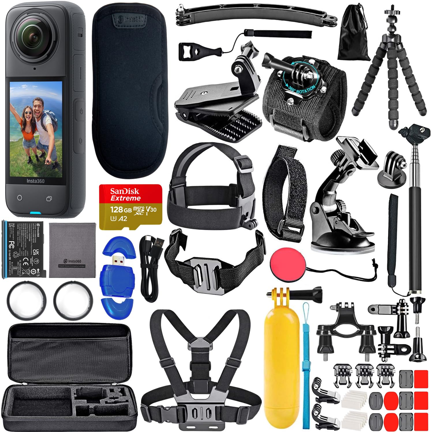 Insta360 X4 8K 360 Waterproof Action Camera, 8K 360, Stabilization Bundle with SanDisk Extreme 128GB Memory, High Speed Card Reader + 50 Piece Accessory Kit