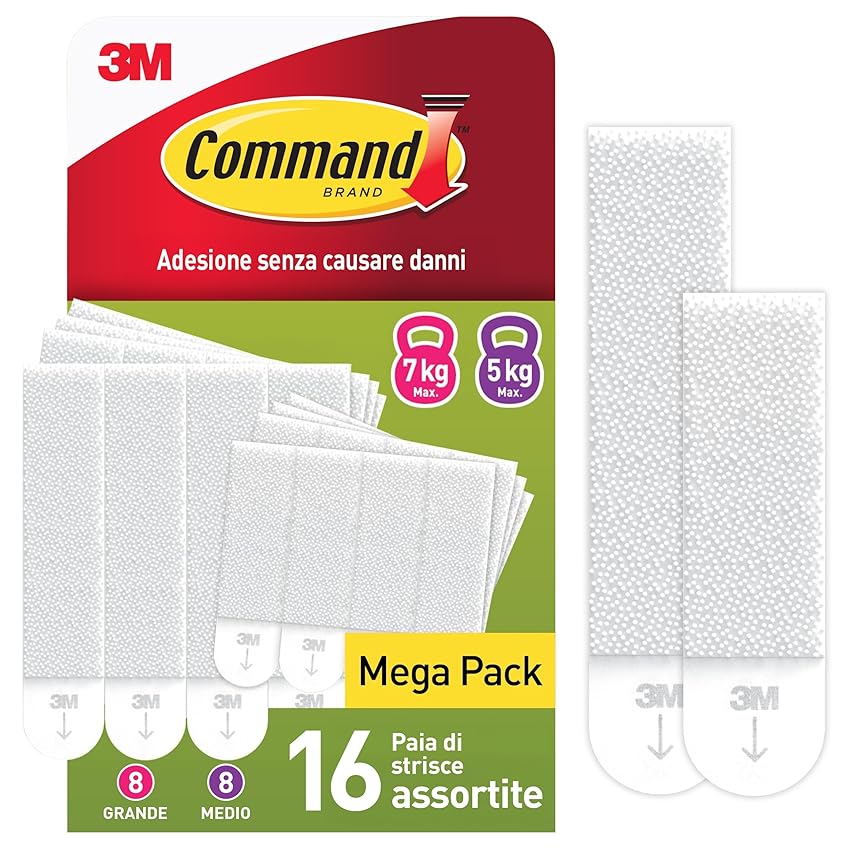 Command Strisce Appendi Quadri Adesive Medie e Grandi Bianche, Confezione da 8 Coppie di Strisce M e 8 L - ottimale per Appendere Quadri, Cornici e Specchi al Muro senza Chiodi