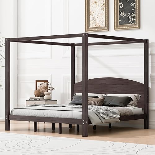 SOFTSEA King Size Wood Canopy Bed with 4 Poster, Solid Wood Bed Frame with Legs, Canopy Platform Bed with Headboard for Bedroom, No Box Spring Needed, Brown Wash