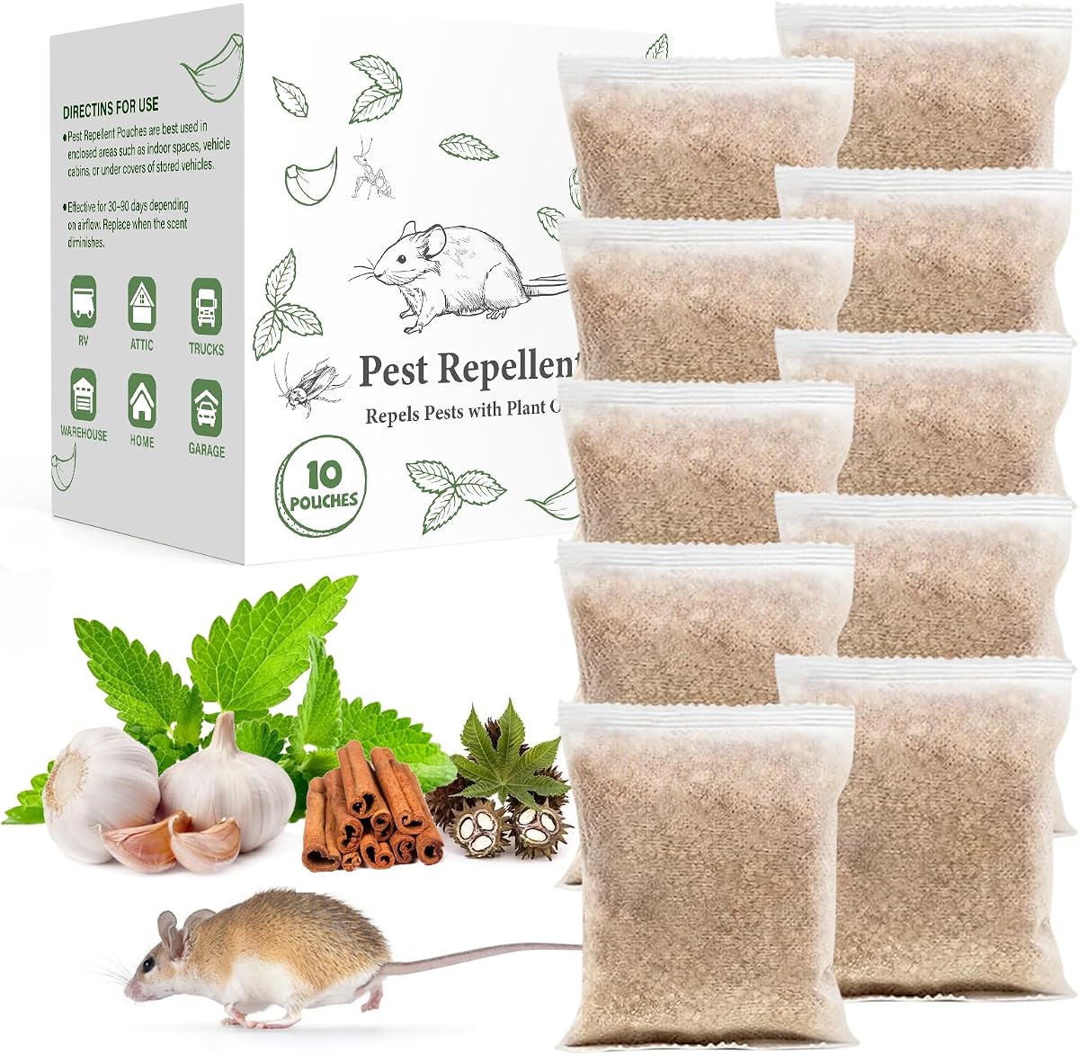 Bolsas repelentes de plagas de roedores, aceite de menta para ratones, cucarachas, hormigas, arañas, ardillas, ratones, ratas, control de plagas en interiores y exteriores, disuasivo natural para ratones, reemplaza trampas, veneno, seguro para mascotas familiares, paquete de 10